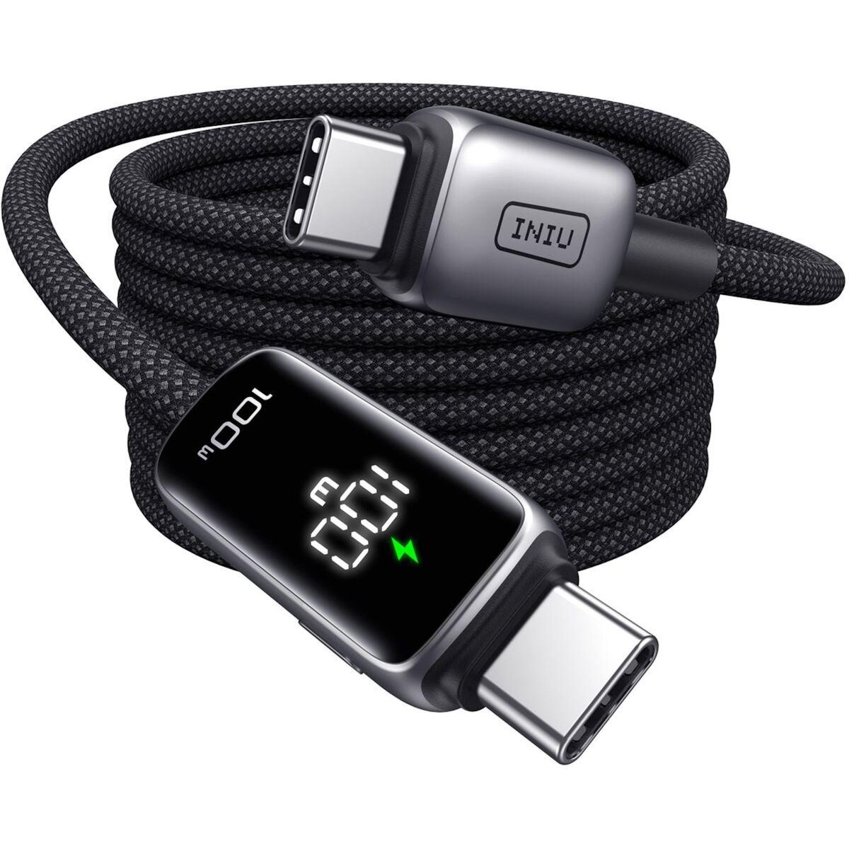 INIU Câble de charge vers USB-C 100W affichage digital noir