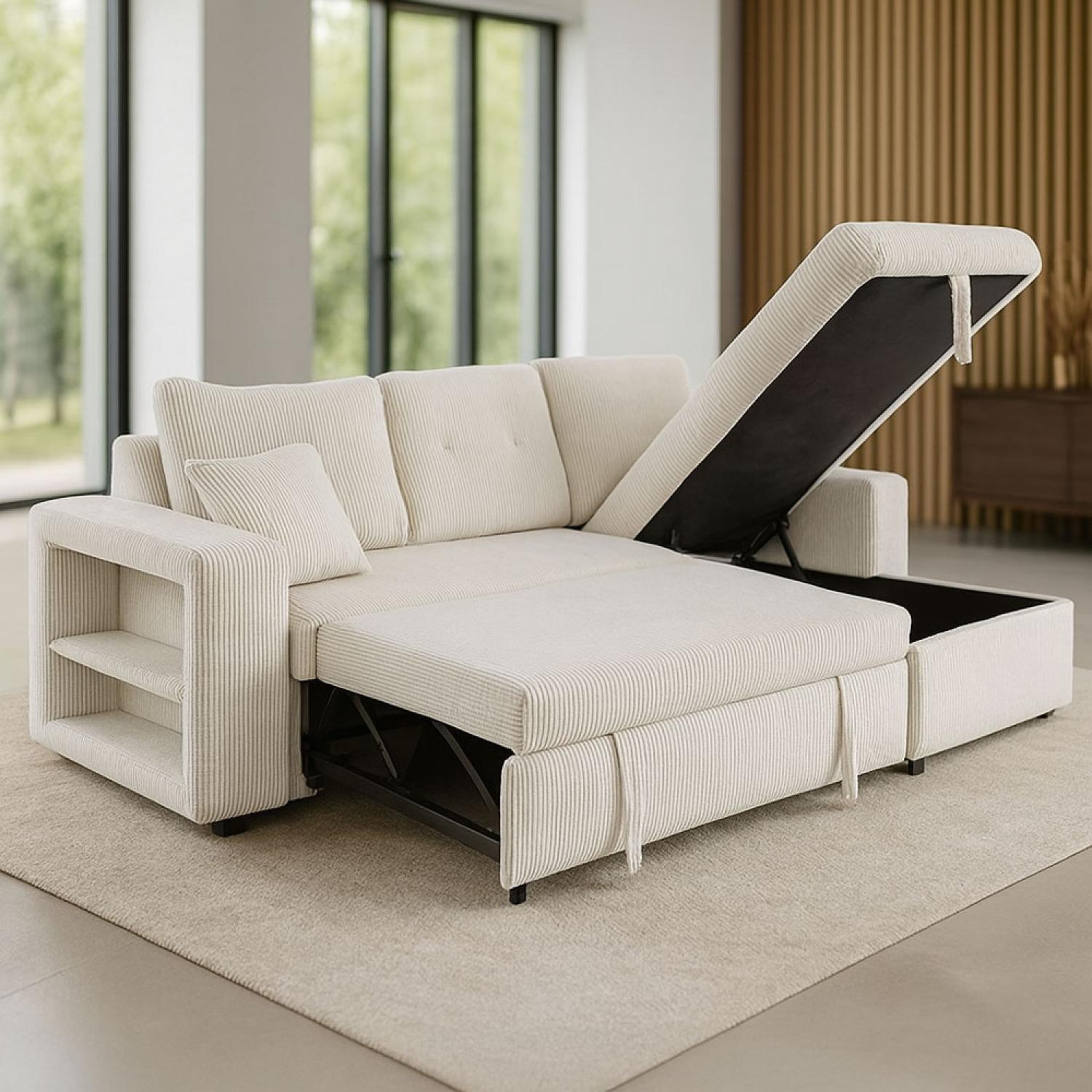Voir la diapositive 2 : CONCEPT USINE Canapé d'angle convertible 4 places avec coffre en velours côtelé beige glasgow
