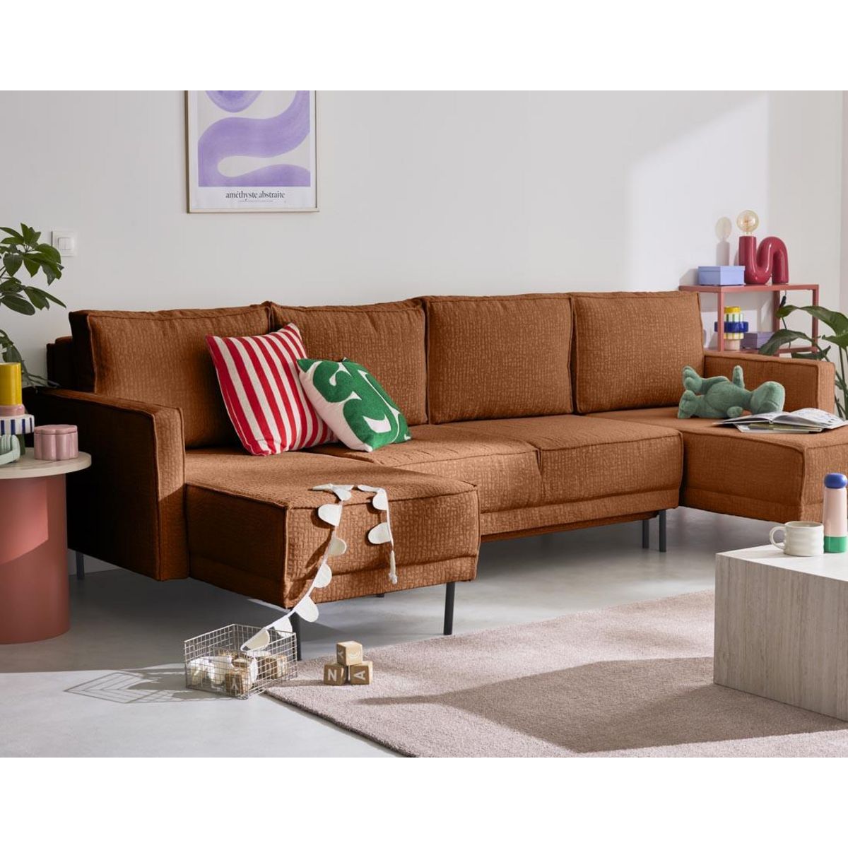 LISA DESIGN Charlie - canapé panoramique en u 7 places - convertible avec coffre - en tissu velours relief