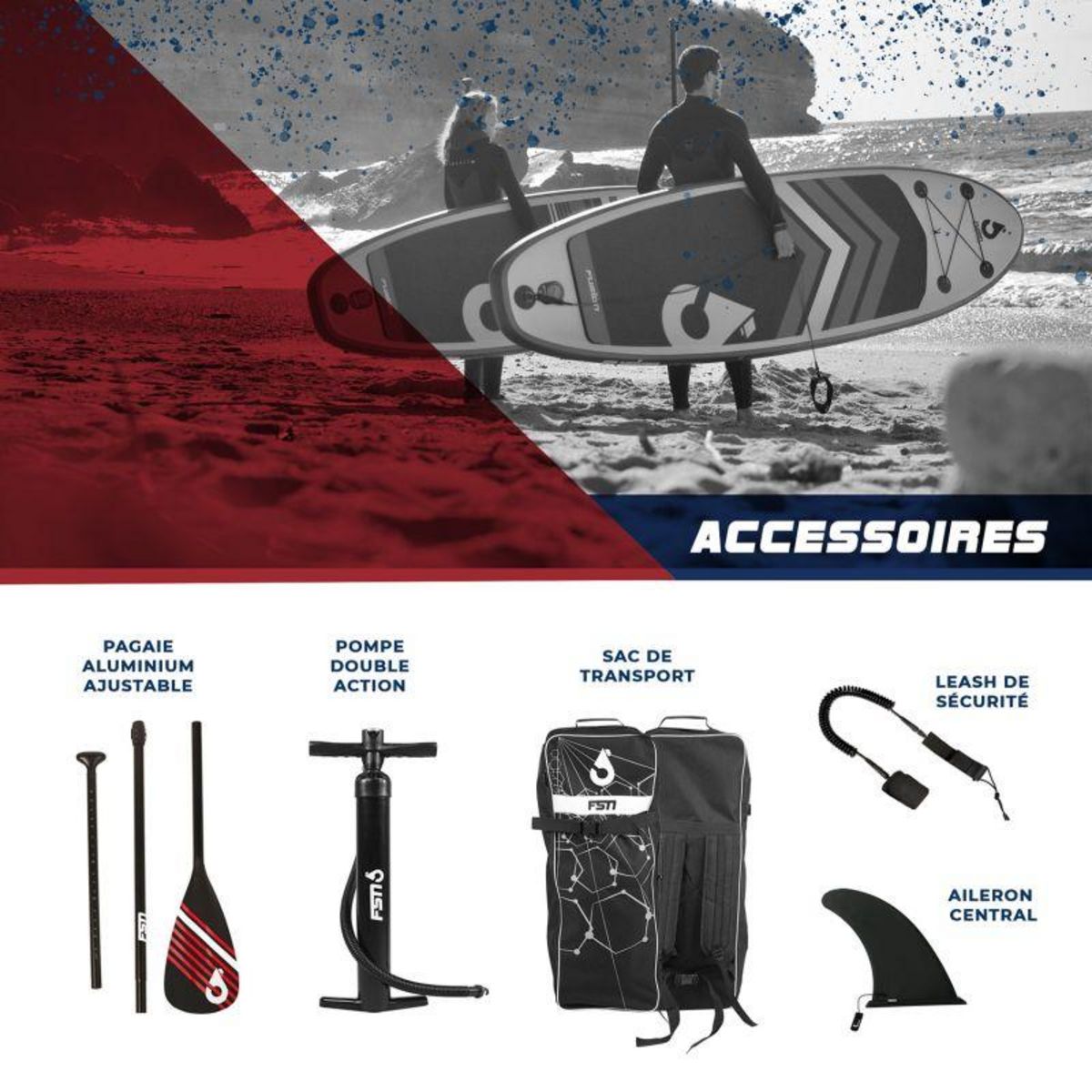 FUSION Paddle gonflable AMBITION 10'4 - 317x76x15 cm - Stand up paddle avec pagaie, leash, pompe, anneaux de kayak et sac de transport