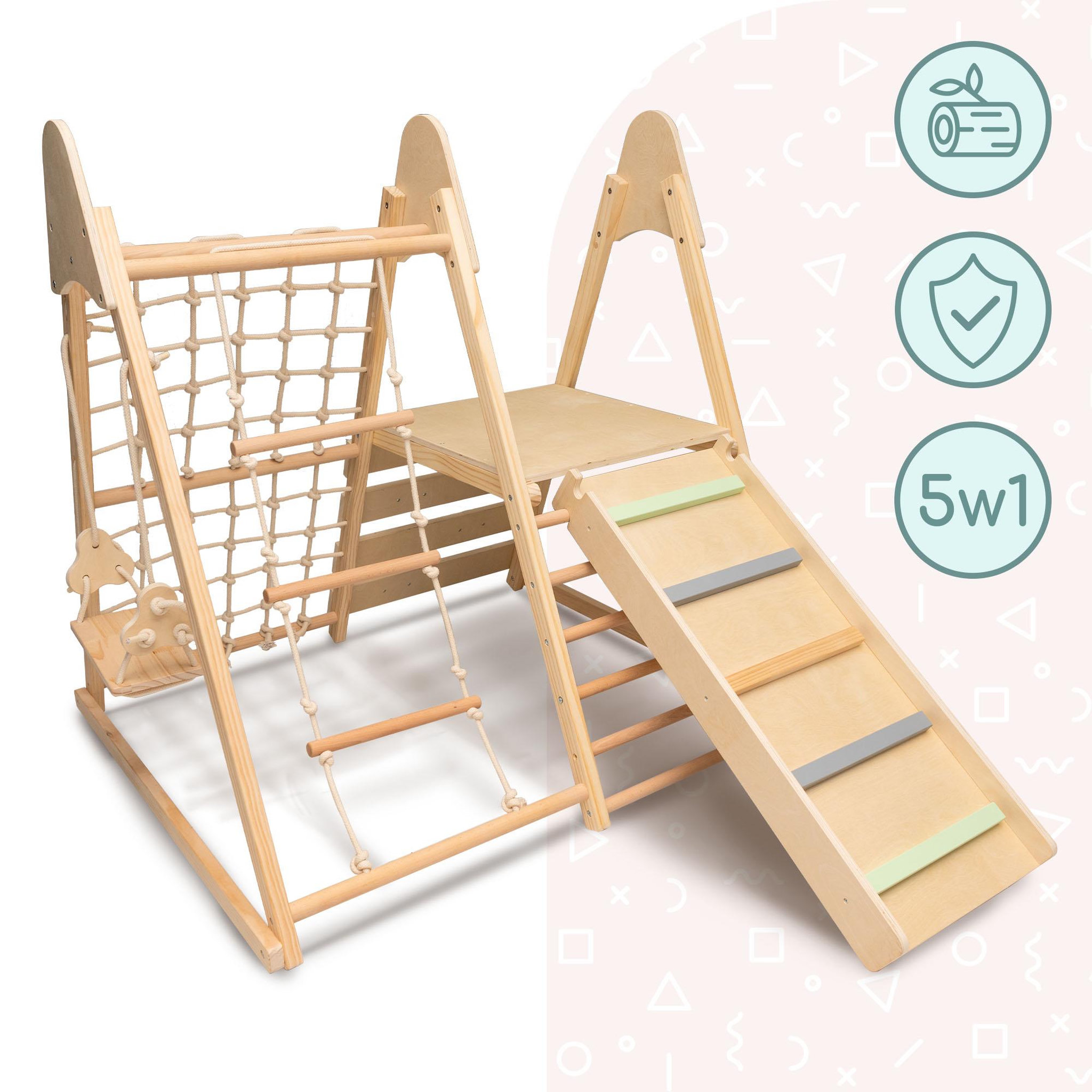 Voir la diapositive 5 : MAMABRUM Aire de jeux intérieure Mamabrum 5 en 1 en bois avec toboggan et balançoires-