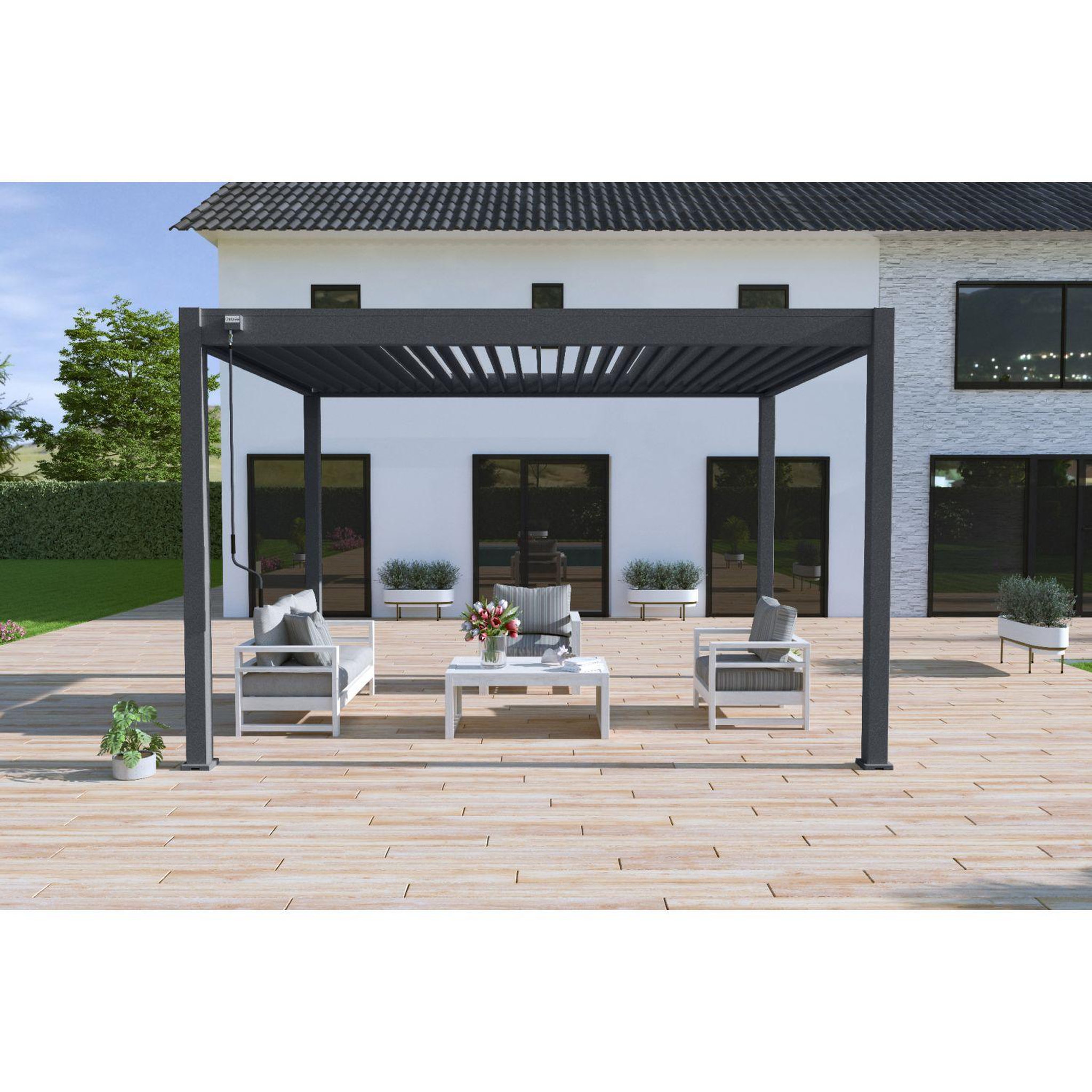 Voir la diapositive 5 : OMBREA Pergola Bioclimatique autoportée 3X4 m - Aluminium - Anthracite - VS OMBREA®