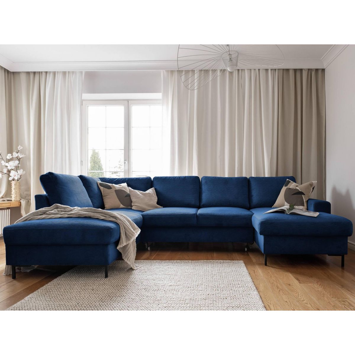 BEST MOBILIER Lilly - canapé panoramique d'angle gauche - 7 places - convertible avec coffre - en velours côtelé