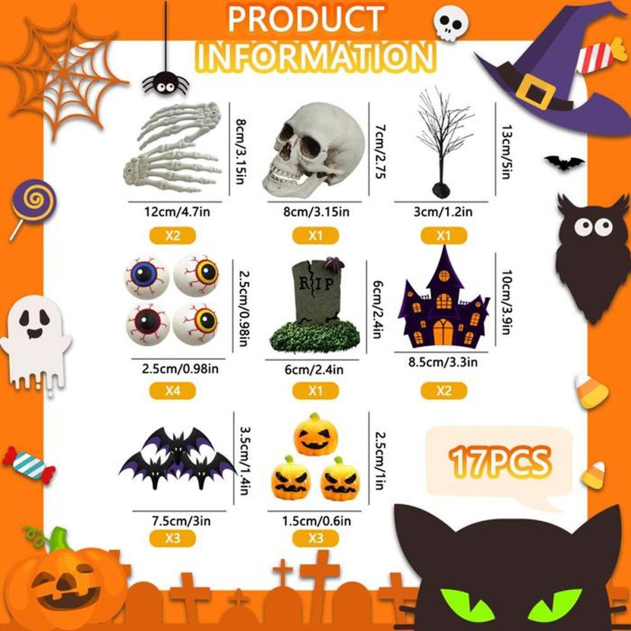 Voir la diapositive 2 : Set de décorations pour gâteau Halloween 17 pièces avec topper Happy Halloween, tombstone RIP, chauves-souris et citrouilles