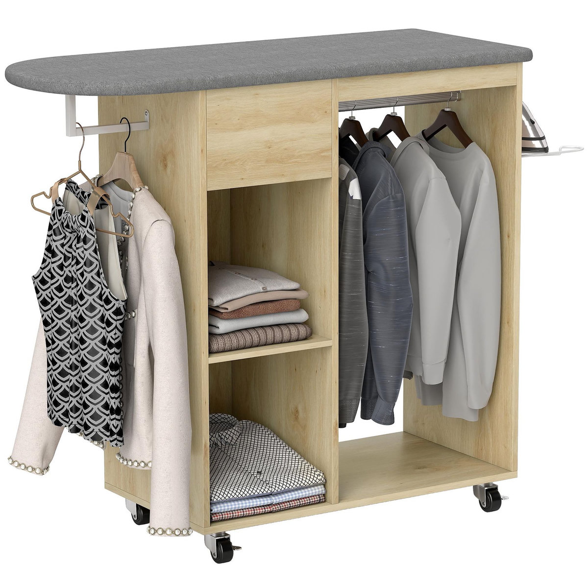 HOMCOM Table à repasser sur roulettes - 2 tringles, 2 niches, tiroir, support fer - toile planche incluse effet bois clair gris