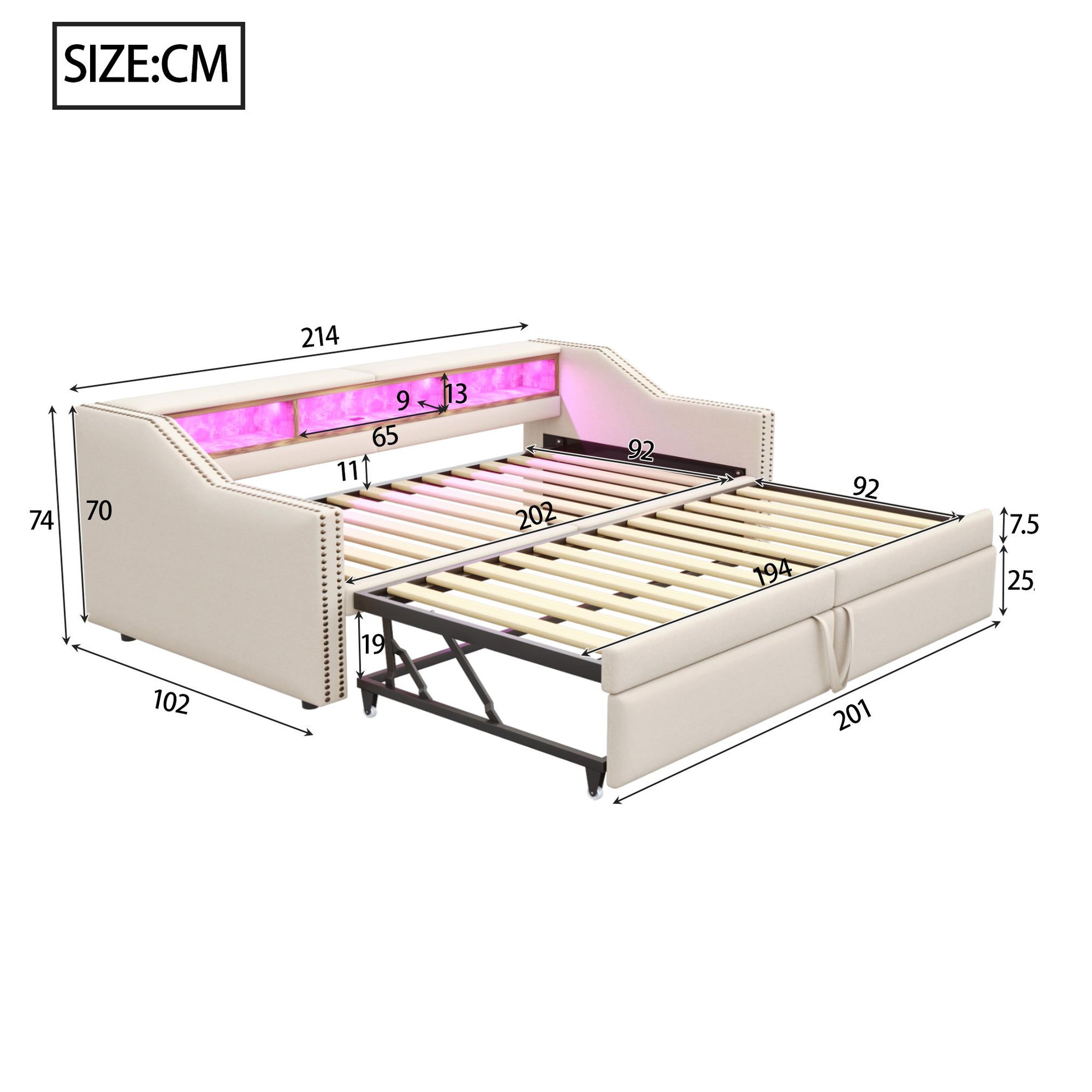 Voir la diapositive 3 : MERAX Lit banquette gigogne rembourré 90x200cm
