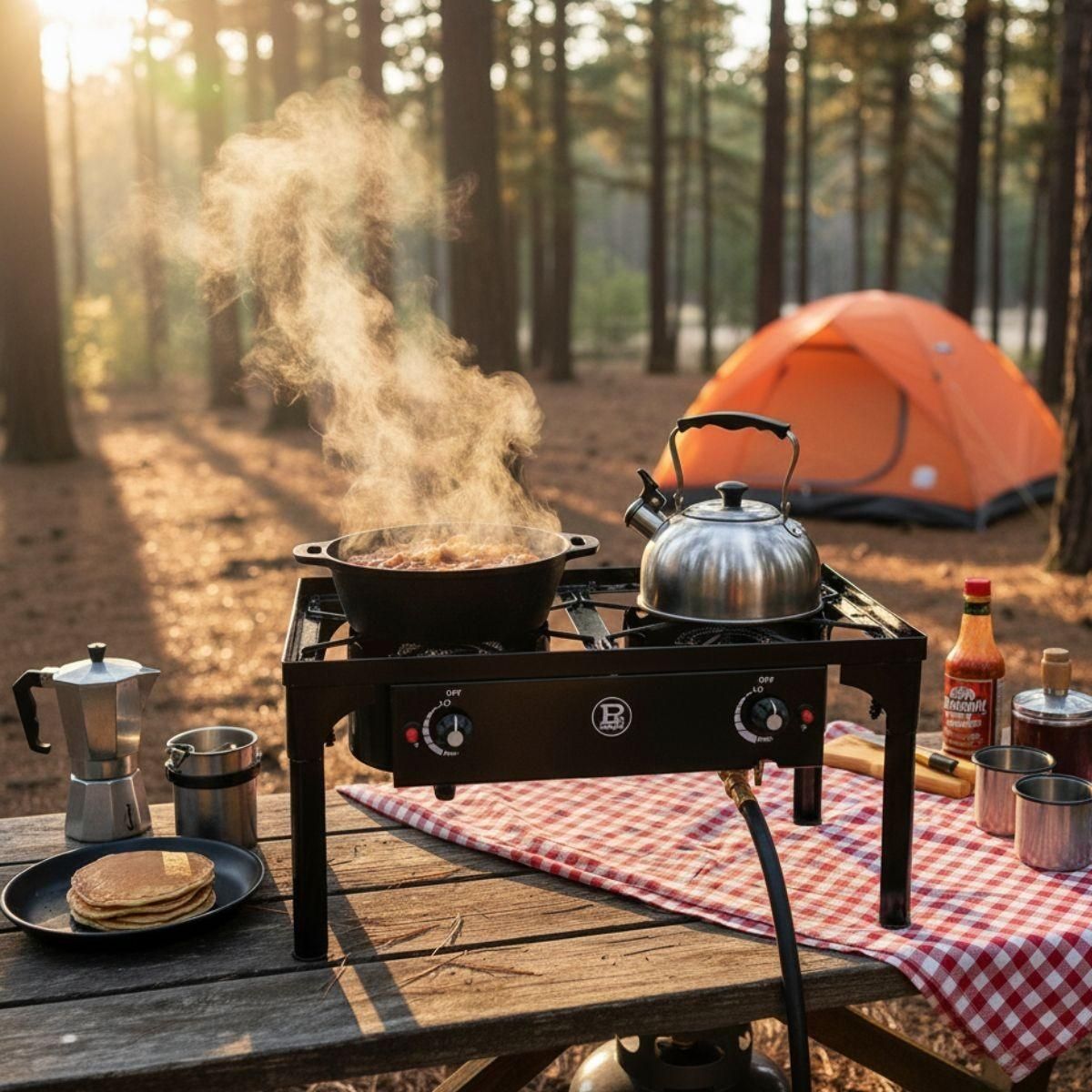 PROJECT Réchaud à Gaz 2 Feux 9KW 4 pieds Bruleurs en fonte Modulable en 3 Hauteurs - Cuisine Extérieure 74.5 x 40 x H80cm Allumage Piezo