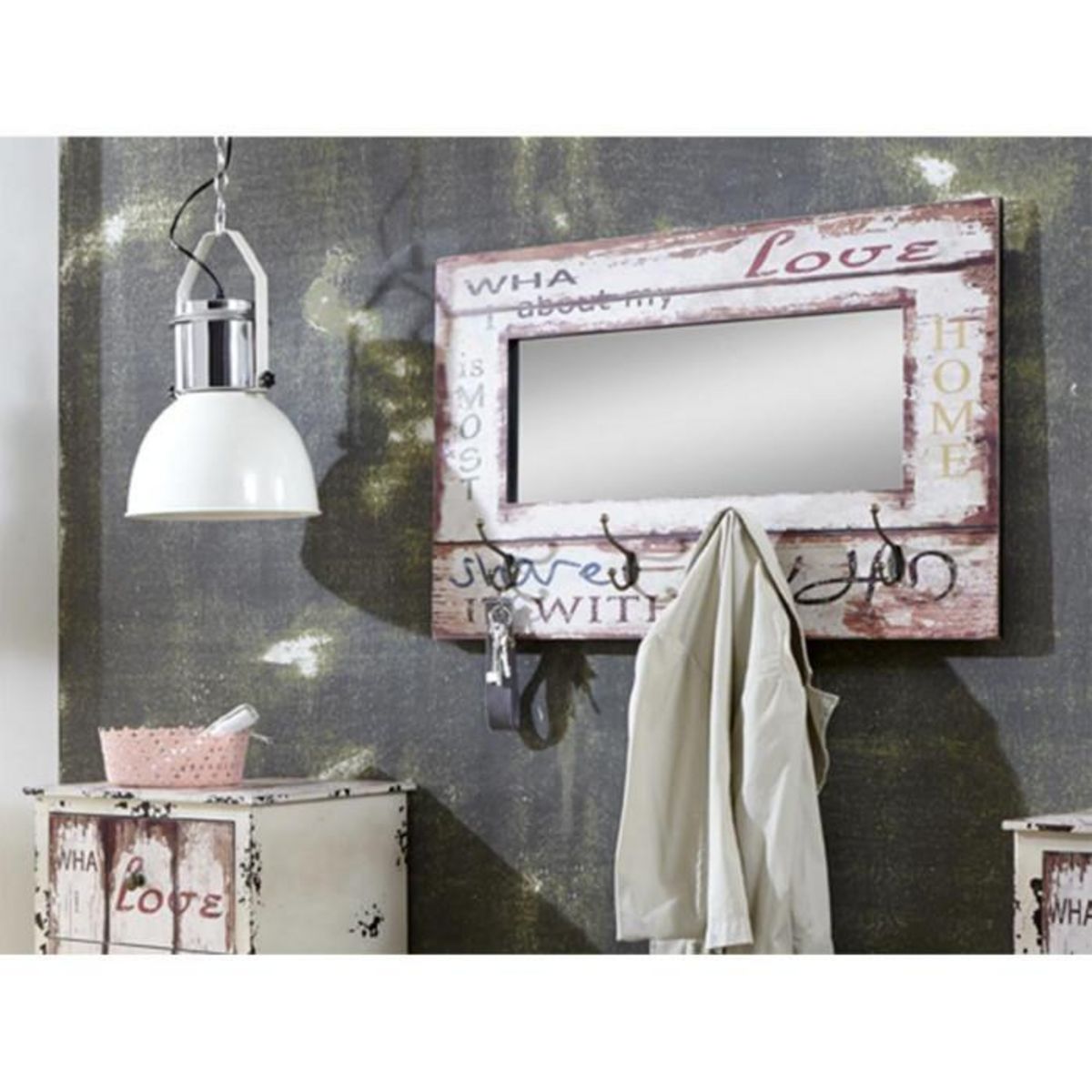 Paris Prix Patère Murale 4 Crochets & Miroir  Love  80cm Blanc