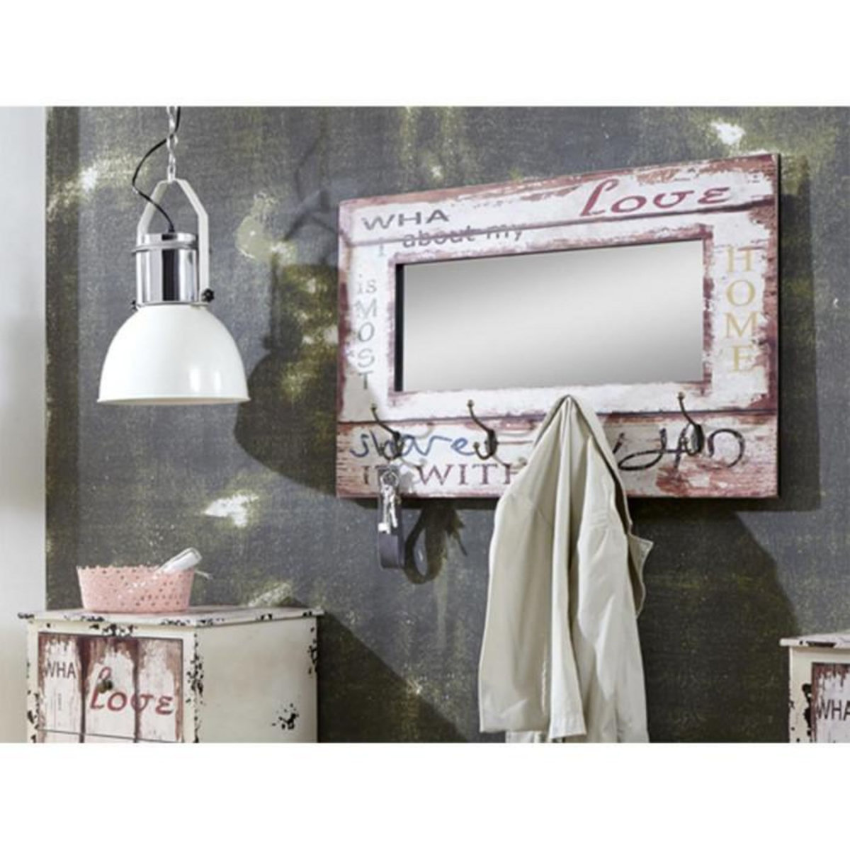 Paris Prix Patère Murale 4 Crochets & Miroir  Love  80cm Blanc