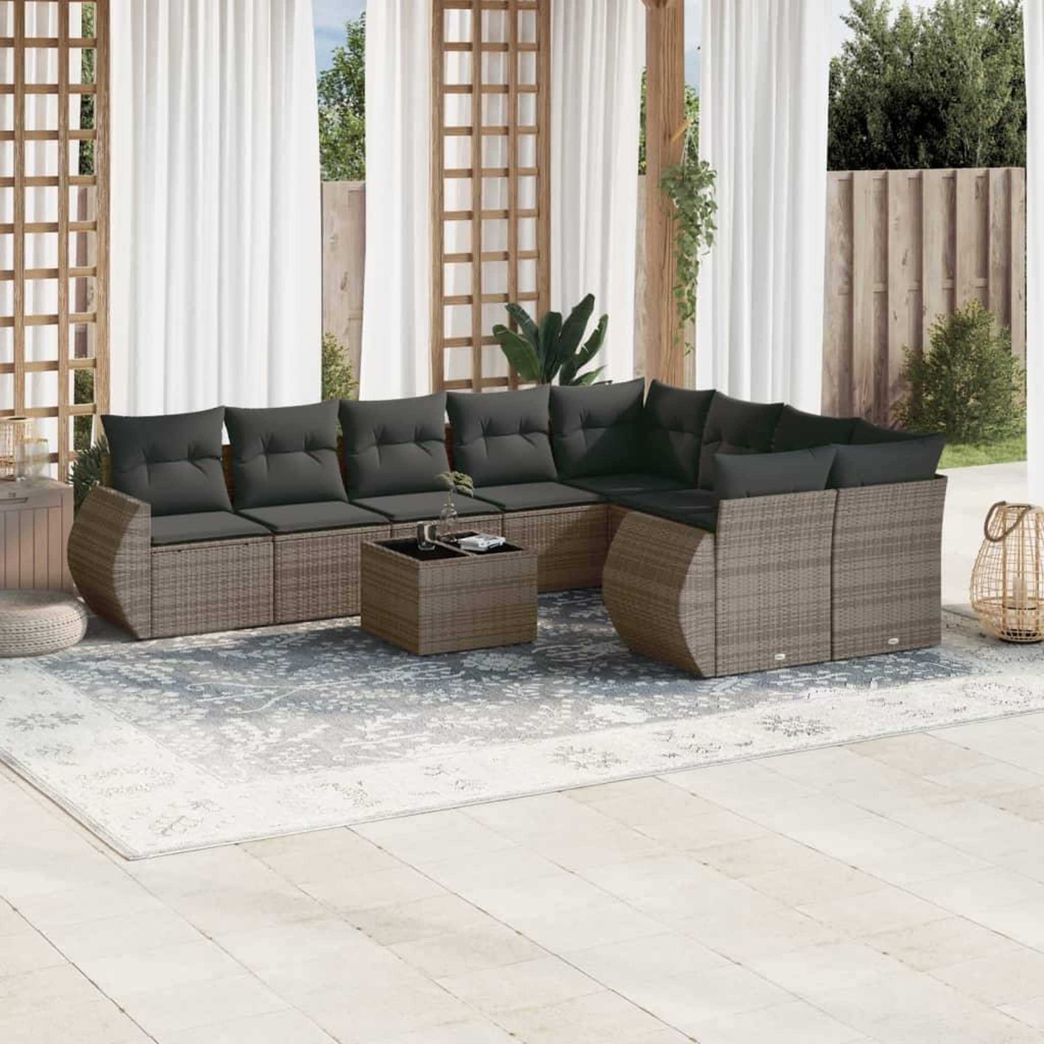 VIDAXL Salon de jardin avec coussins 10 pcs gris resine tressee