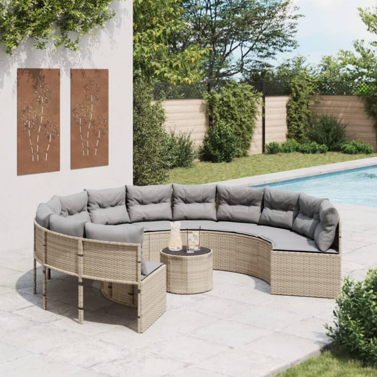 VIDAXL Canape de jardin avec table coussins rond beige resine tressee