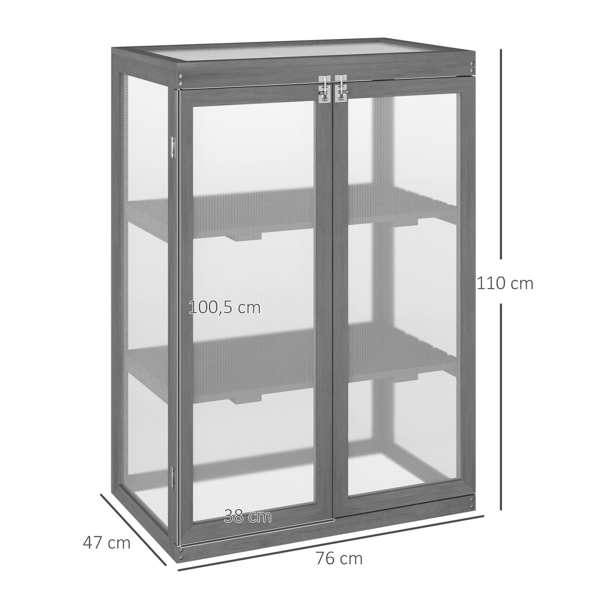 Voir la diapositive 3 : OUTSUNNY Mini serre de jardin 3 niveaux dim. 76L x 47l x 110H cm double porte toit ouvrant bois sapin lasuré gris polycarbonate