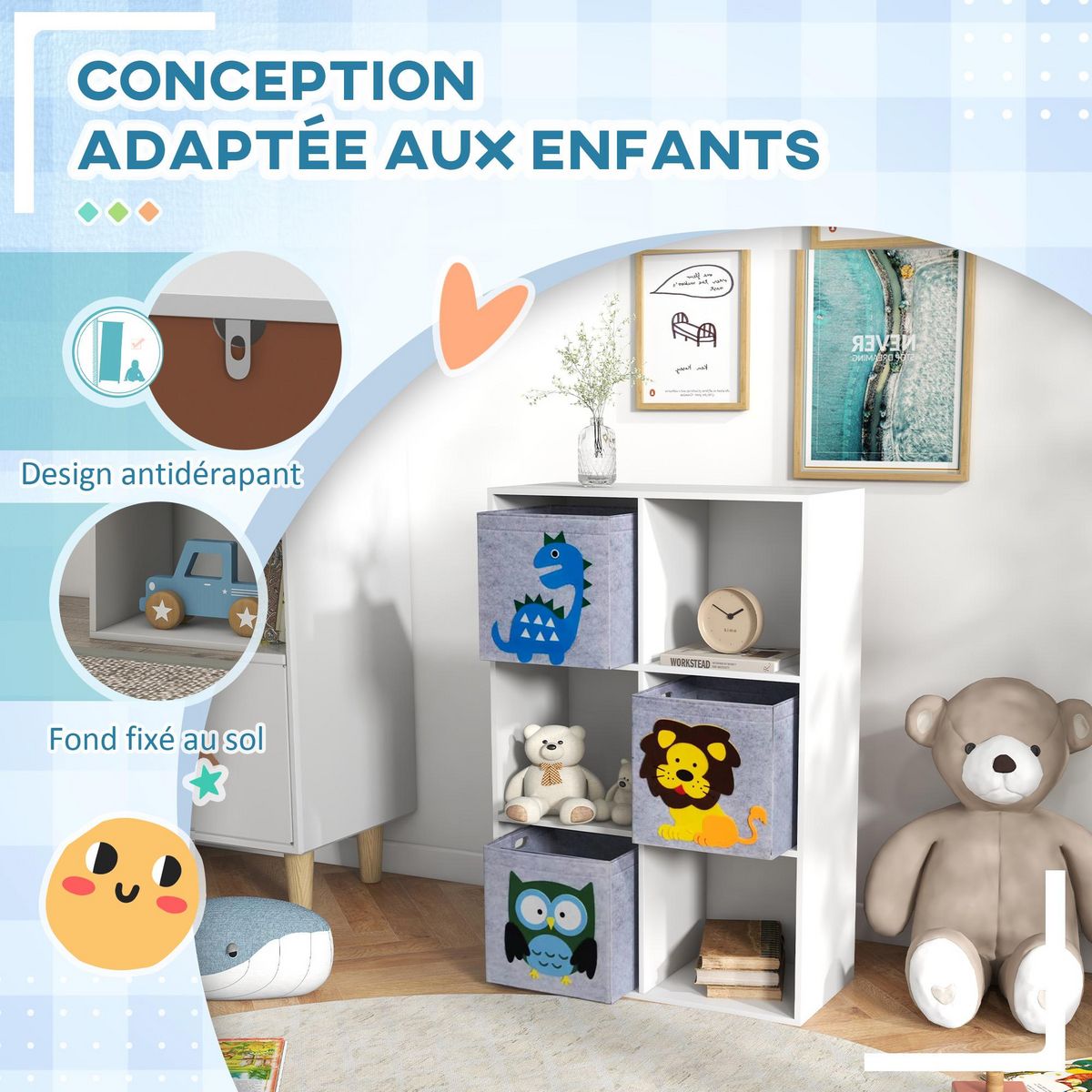 HOMCOM Meuble de rangement jouets enfant étagère de jouet pour chambre d'enfant 6 casiers 3 tiroirs non tissé MDF blanc
