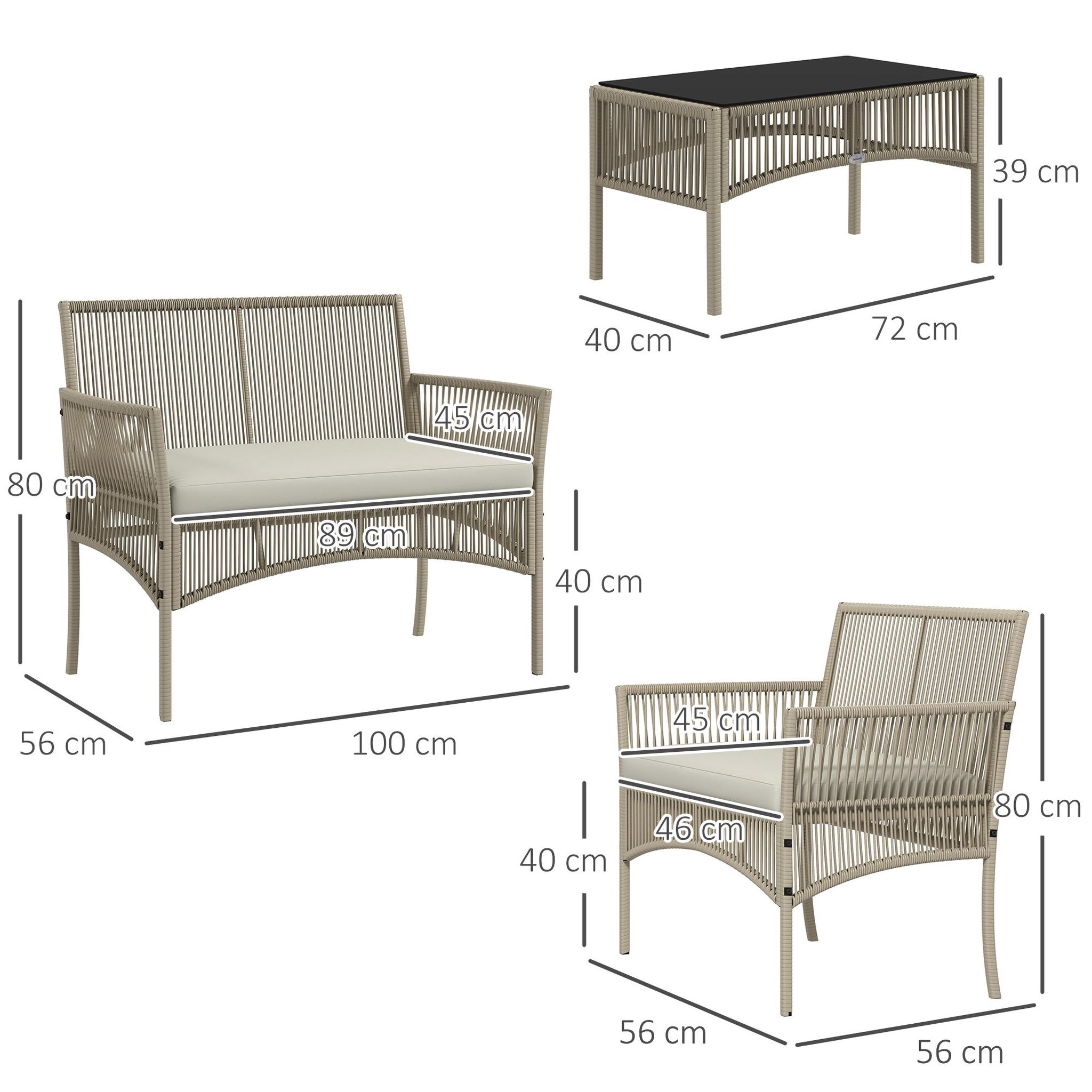 Voir la diapositive 3 : OUTSUNNY Salon de jardin 4 places 4 pièces style colonial table basse coussins inclus résine tressée filée aspect rotin taupe clair