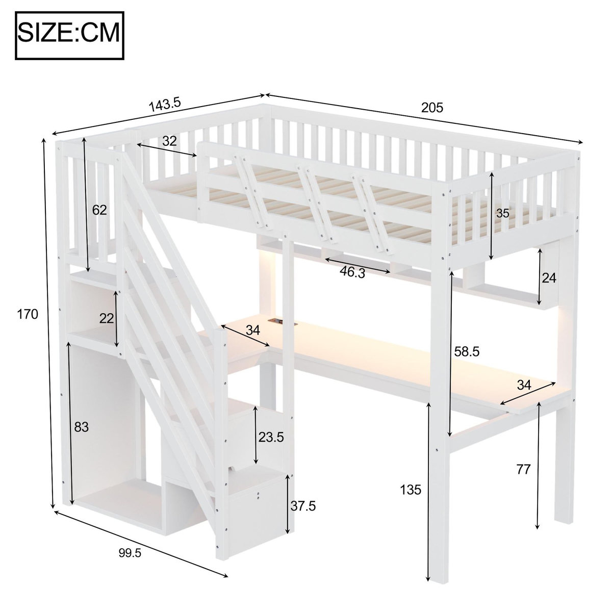 MERAX Lit mezzanine 90x200 cm coloris blanc led bois massif