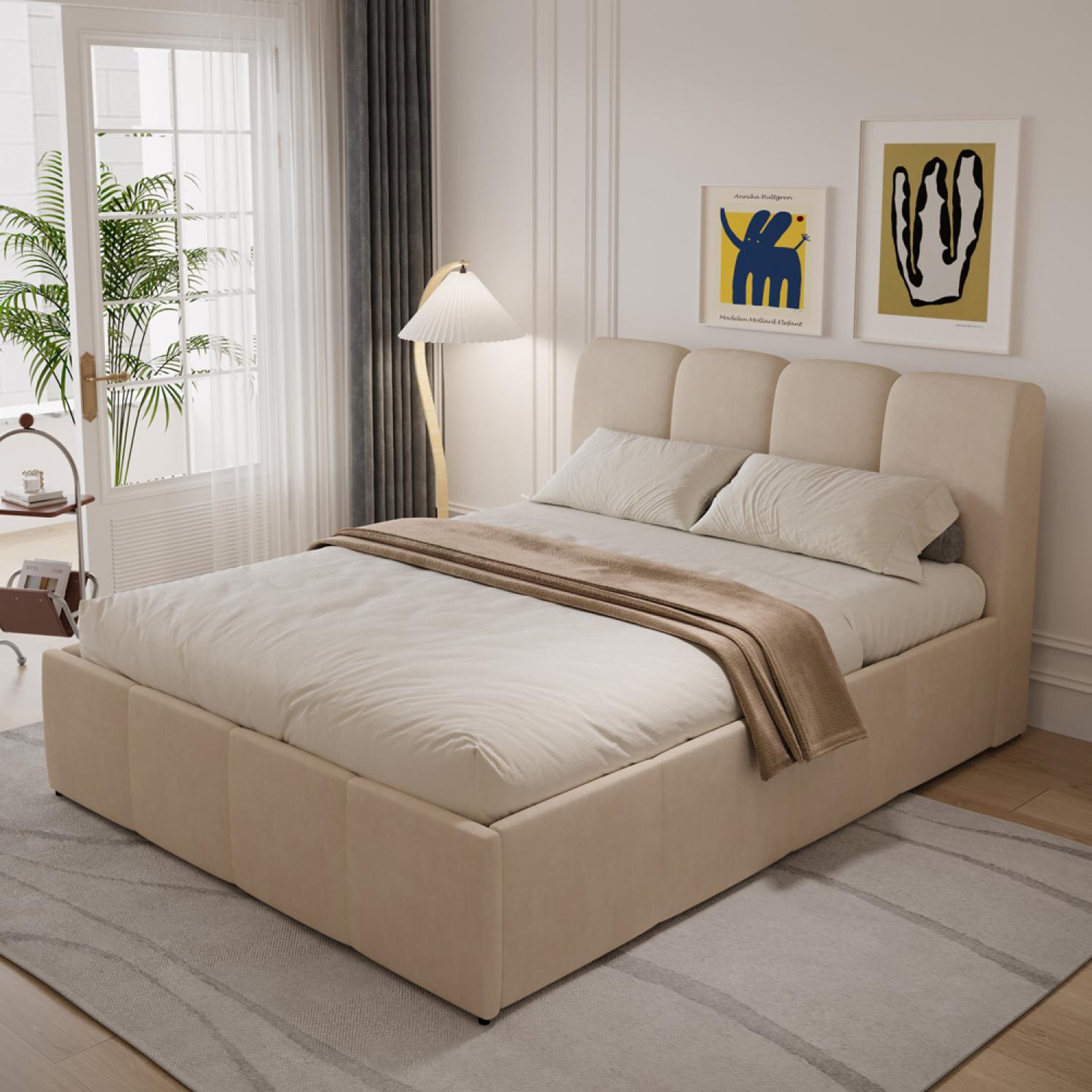 Voir la diapositive 4 : CONCEPT USINE Lit coffre style nuage led 160x200cm velours beige baltimore