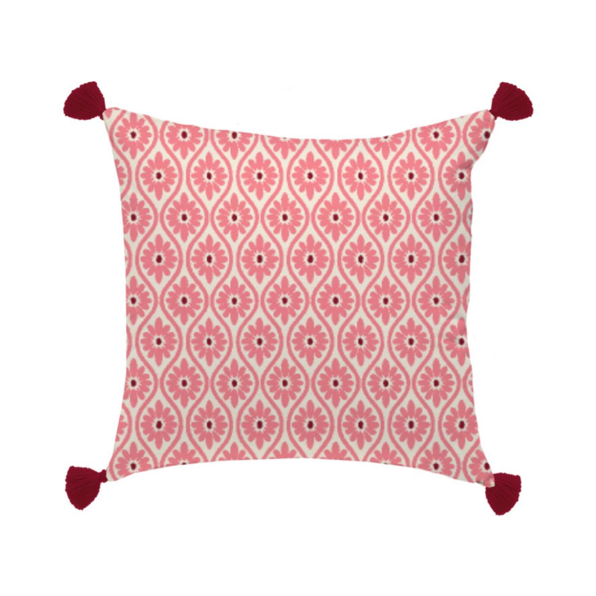 Coussin en coton motifs fleurs avec pompons