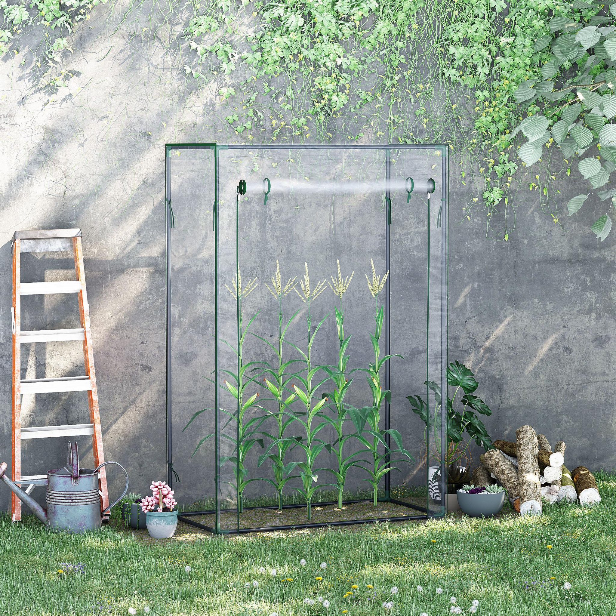 Voir la diapositive 2 : OUTSUNNY Serre de jardin serre à tomates 1l x 0,5l x 1,5h m porte zippée déroulante acier thermolaqué pvc haute densité 140 g/m² anti-uv