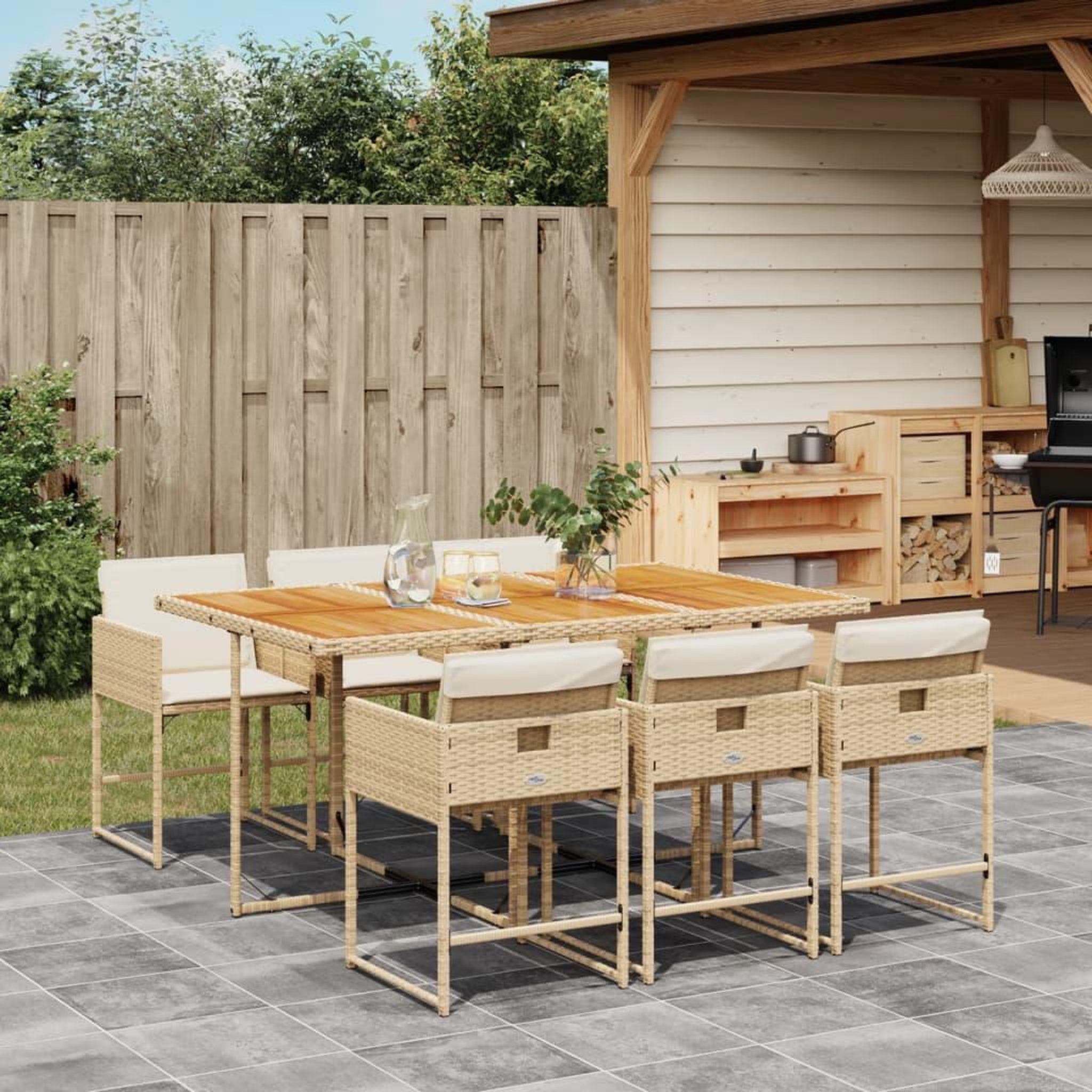 VIDAXL Ensemble a manger de jardin et coussins 7 pcs beige poly rotin