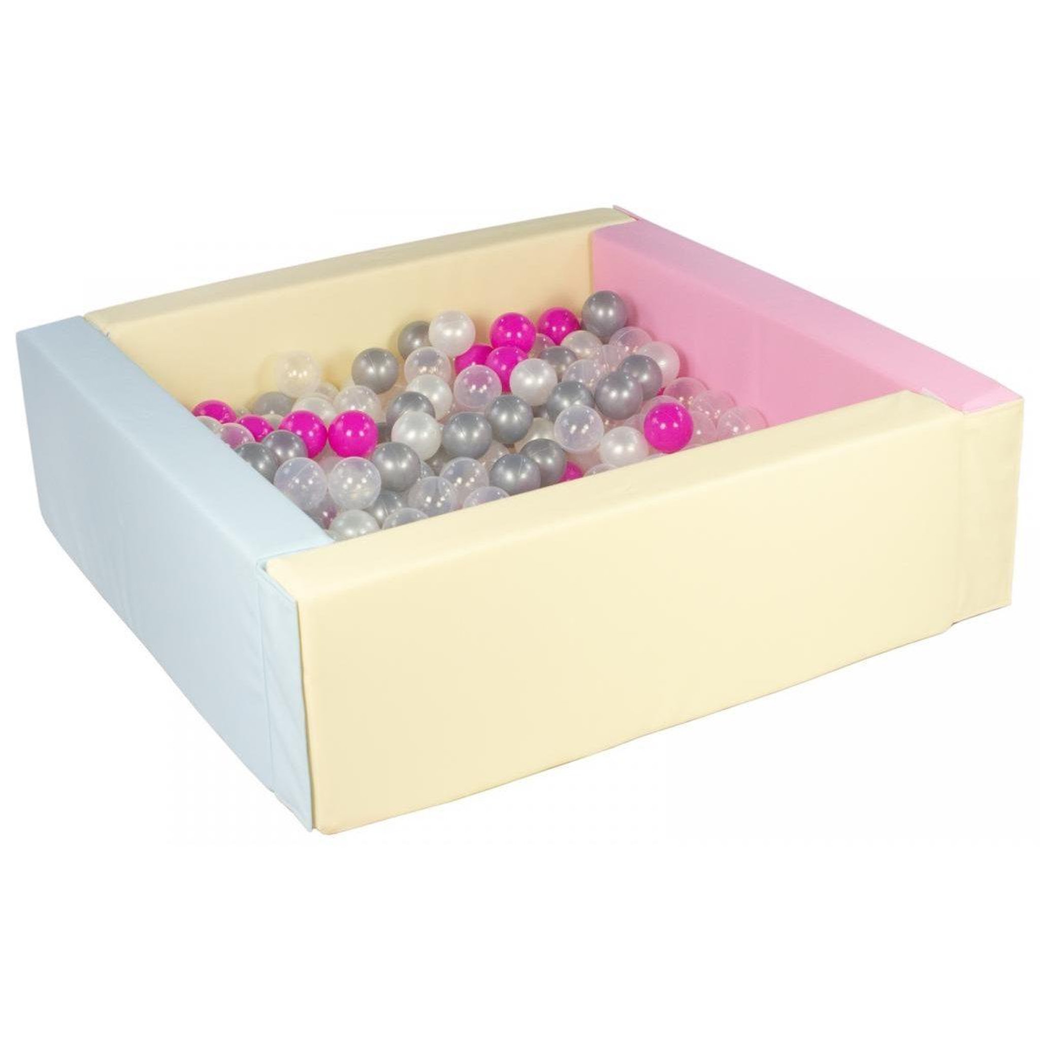 VELINDA Piscine à balles carrée avec 300 balles - rose, bleu, jaune p/perle, transparent, rose, argent
