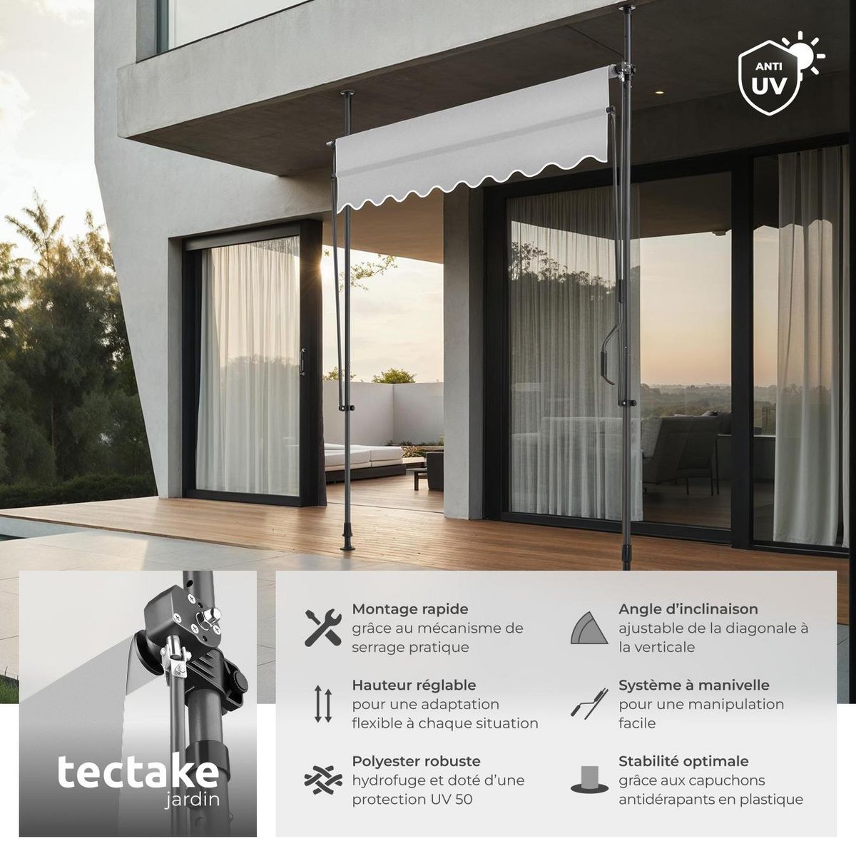 tectake Store à pince sans perçage avec manivelle gris clair 200 x 180 cm