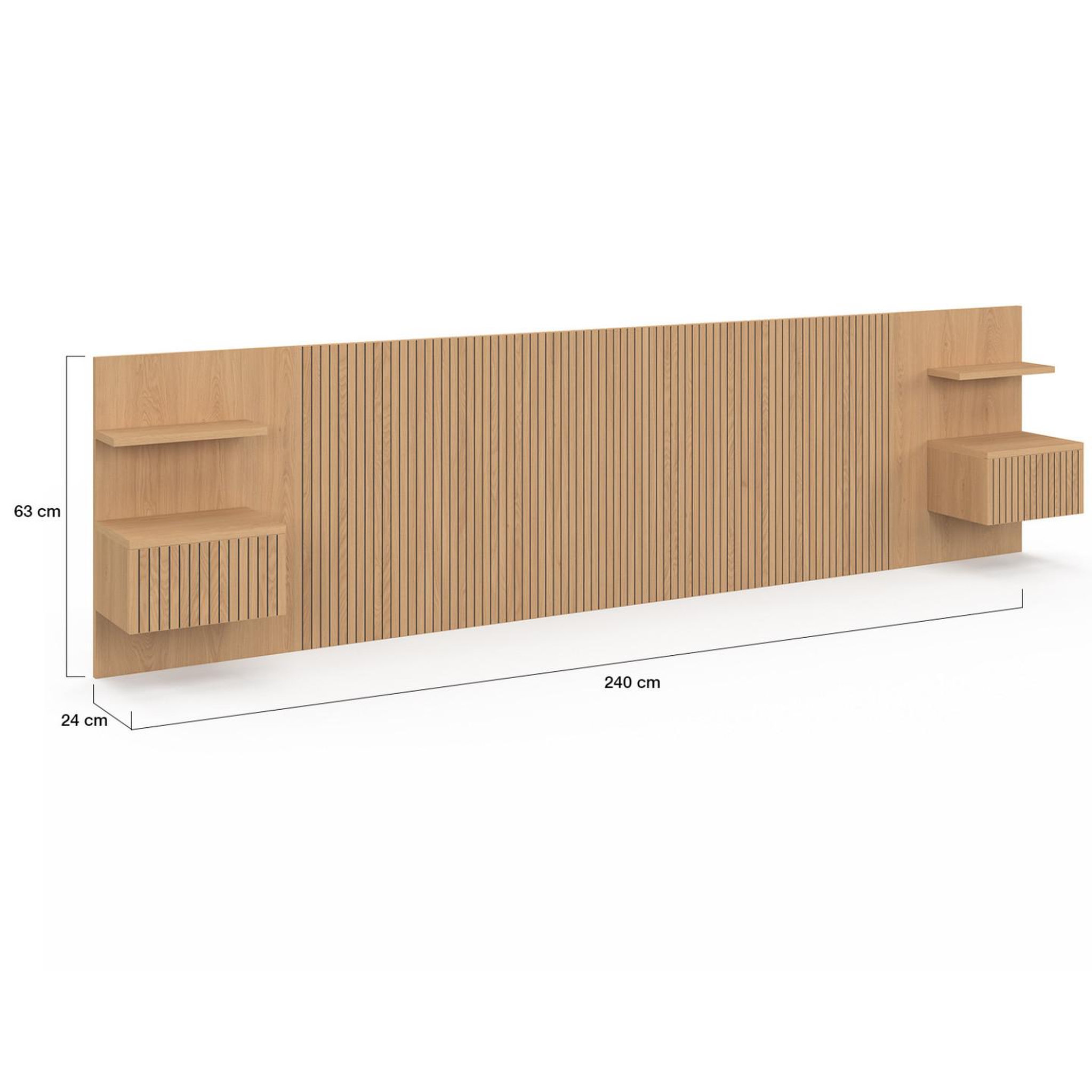 Voir la diapositive 5 : ID MARKET Tête de lit suspendue JULIETTE 240 cm avec chevets + tiroir effet lattes tasseau bois