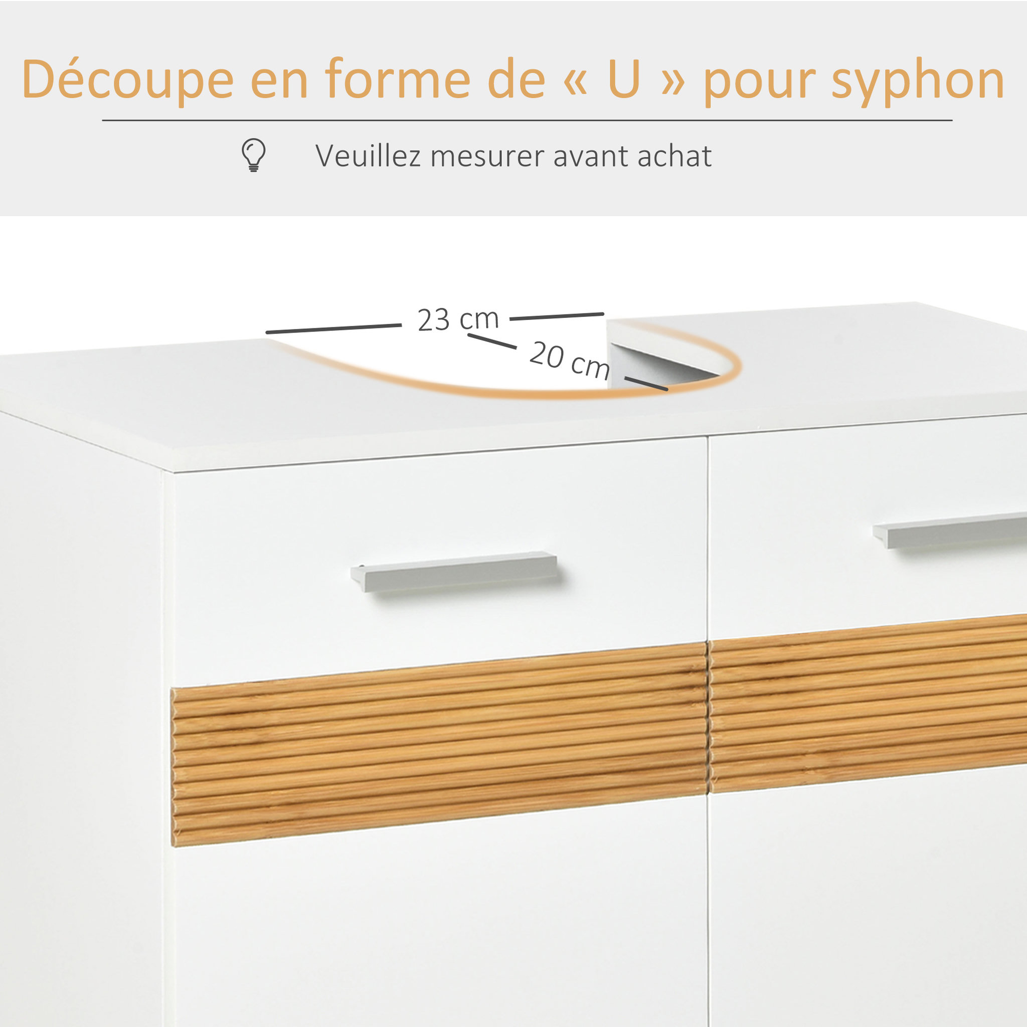 Voir la diapositive 4 : KLEANKIN Meuble vasque style cosy chic bandeau 10 bambous placard 2 portes avec étagère MDF dim. 60L x 30l x 60,5H cm blanc