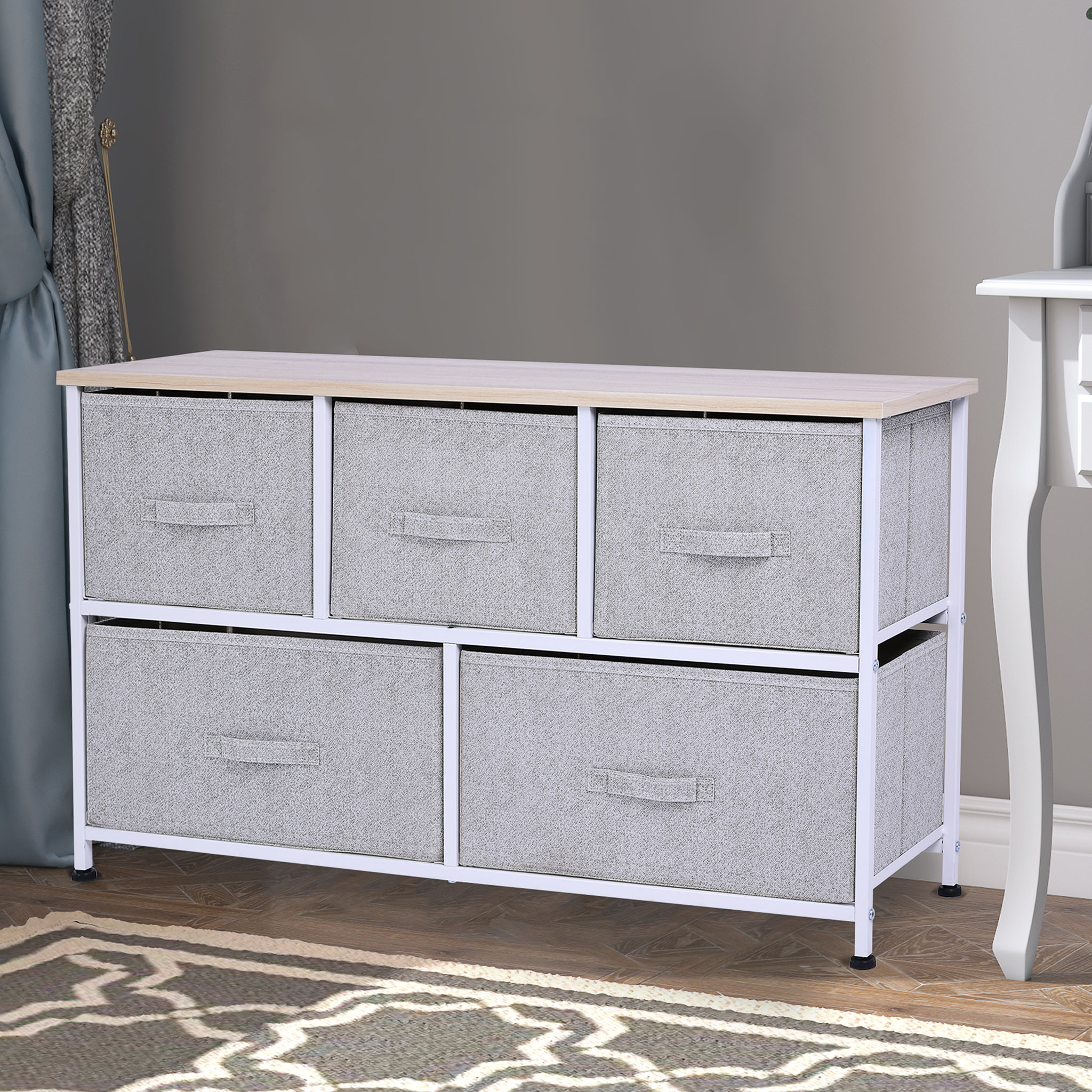 Voir la diapositive 2 : HOMCOM Commode meuble de rangement dim. 100L x 30l x 54H cm 5 tiroirs non-tissés gris structure métal blanc plateau MDF bois clair