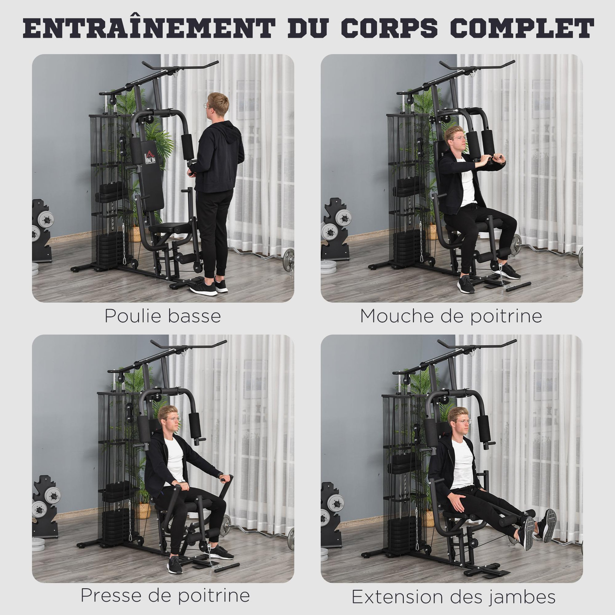 Voir la diapositive 4 : HOMCOM Station de musculation - entrainement complet - développé couché, butterfly, barre latissimus, curler, bande résistance - 10 contrepoids - acier noir