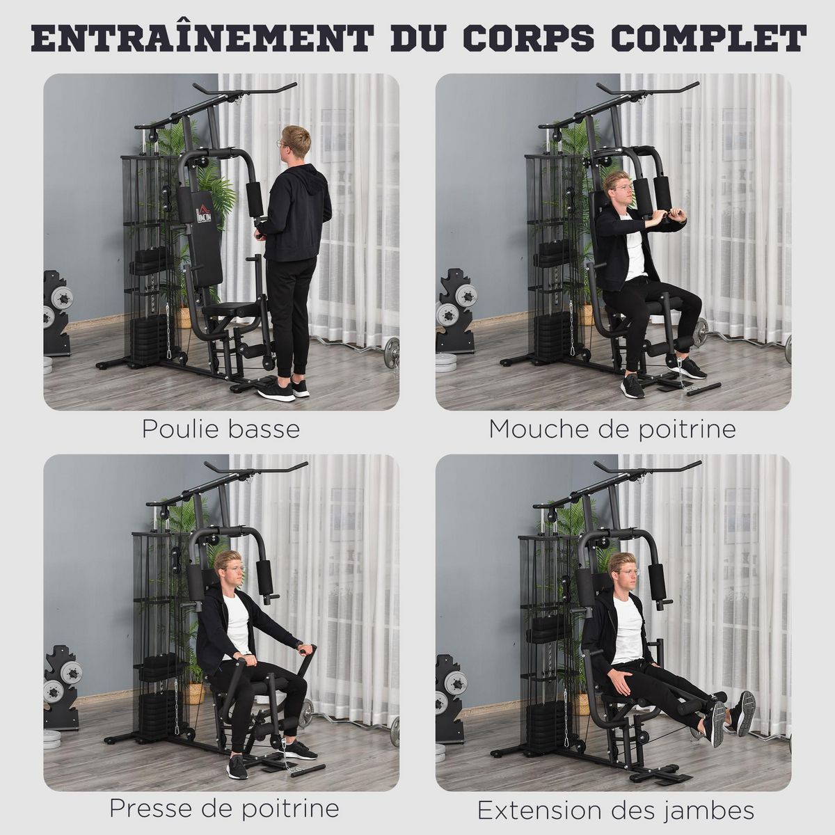 HOMCOM Station de musculation - entrainement complet - développé couché, butterfly, barre latissimus, curler, bande résistance - 10 contrepoids - acier noir