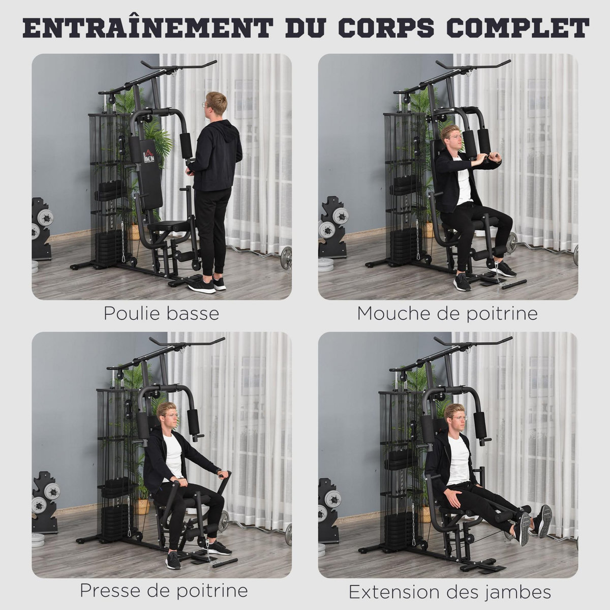 HOMCOM Station de musculation - entrainement complet - développé couché, butterfly, barre latissimus, curler, bande résistance - 10 contrepoids - acier noir