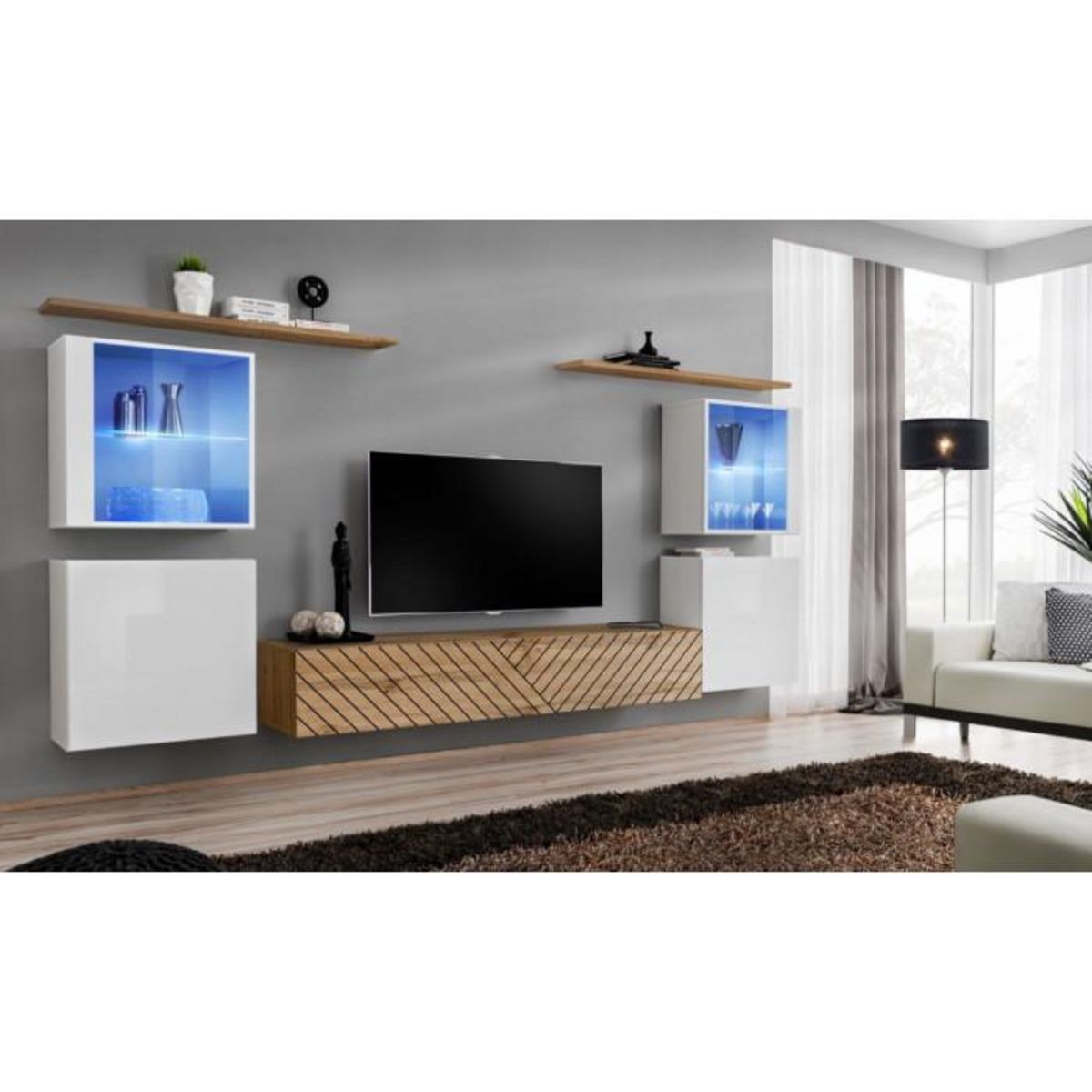 Paris Prix Ensemble Meuble TV  Switch Lamel XIV  320cm Naturel & Blanc
