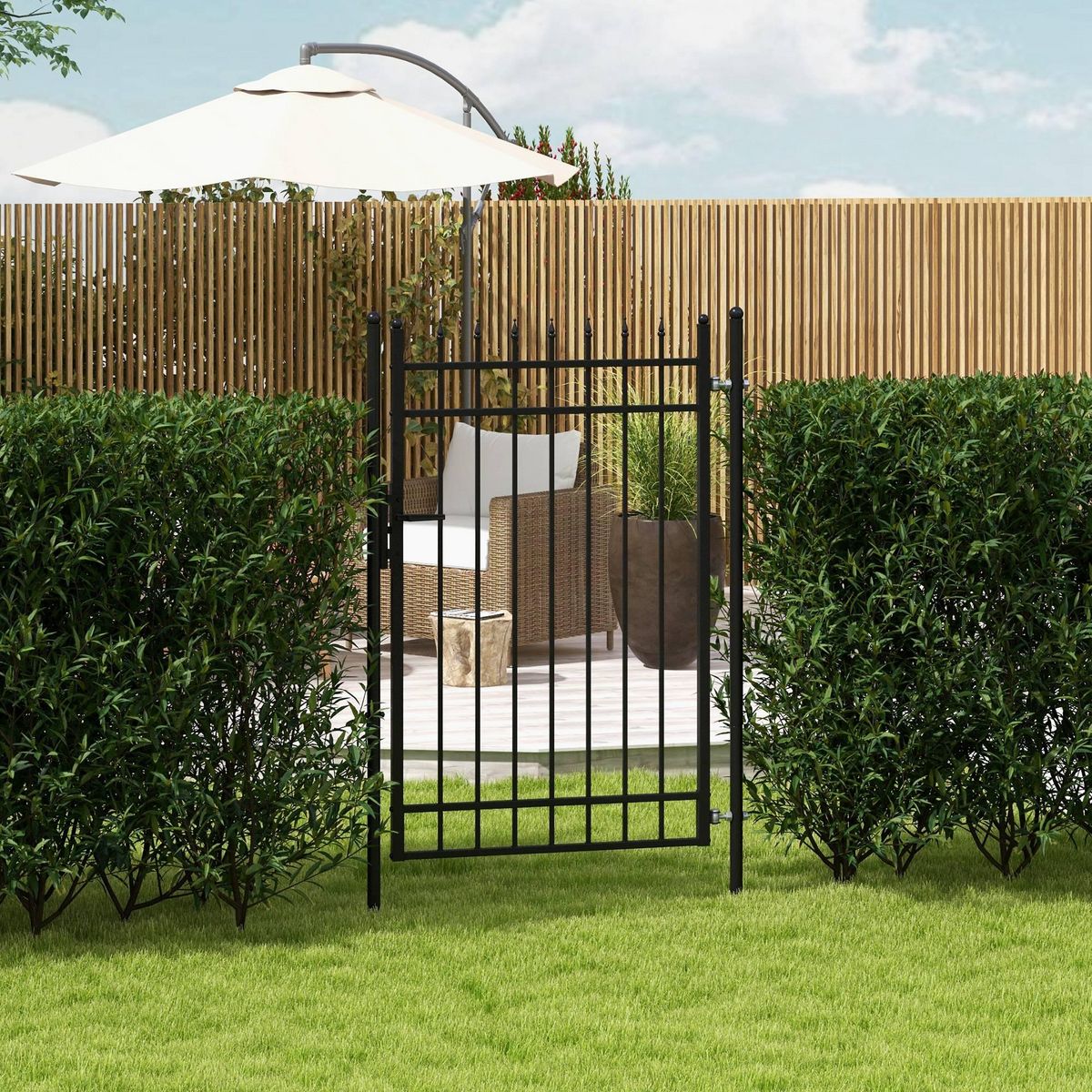 OUTSUNNY Portillon acier galvanisé style fer forgé dim. 107 x 204H cm - serrure, poignée, clés - noir