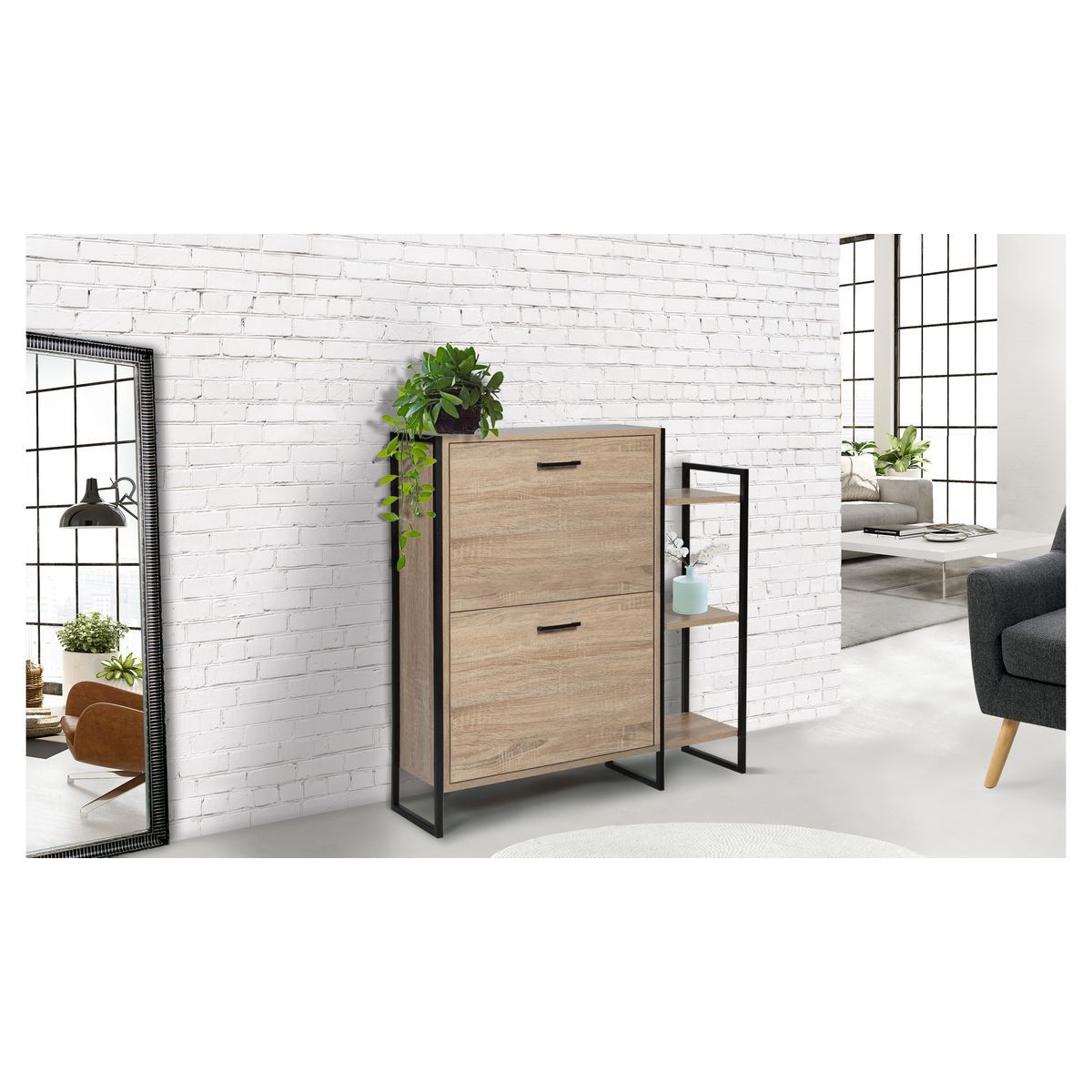 Meuble chaussures 2 portes + 2 étagères THEO