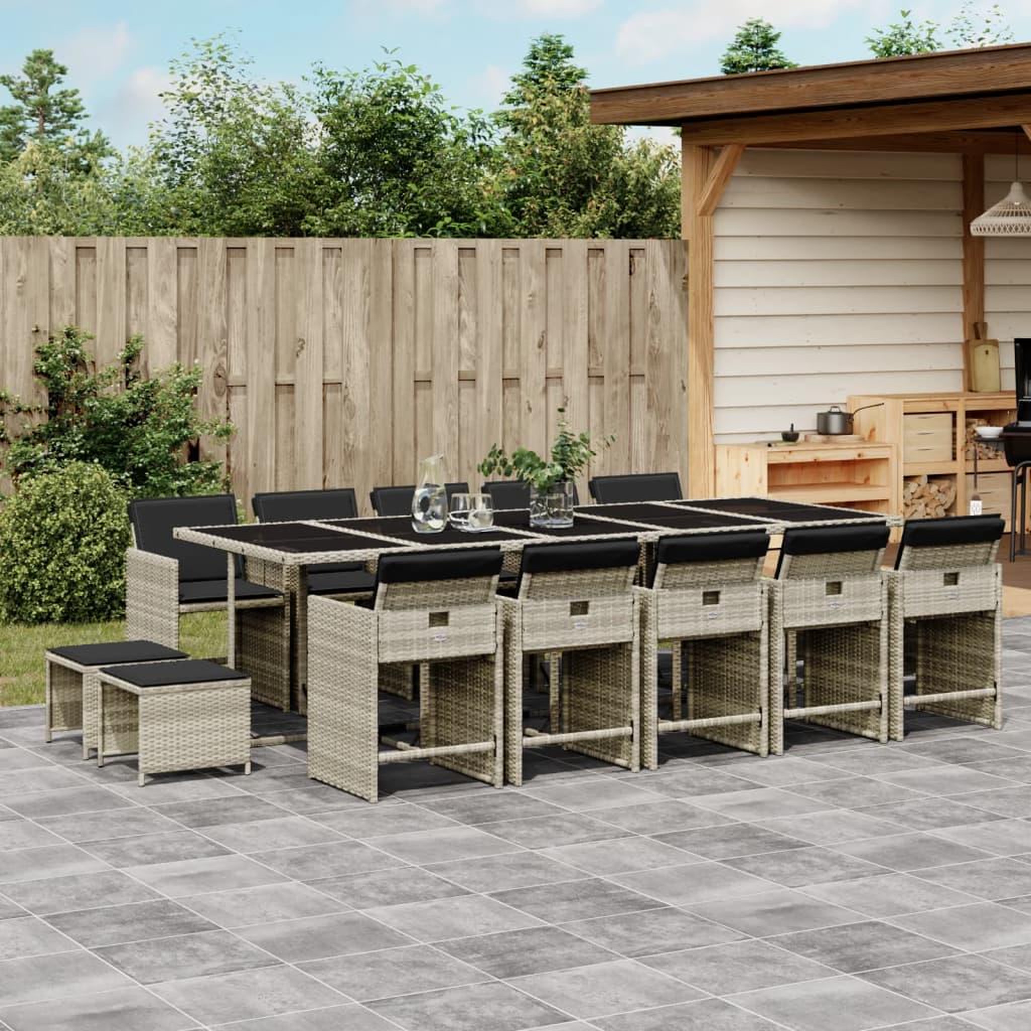 VIDAXL Ensemble a manger de jardin et coussins 15 pcs gris clair rotin