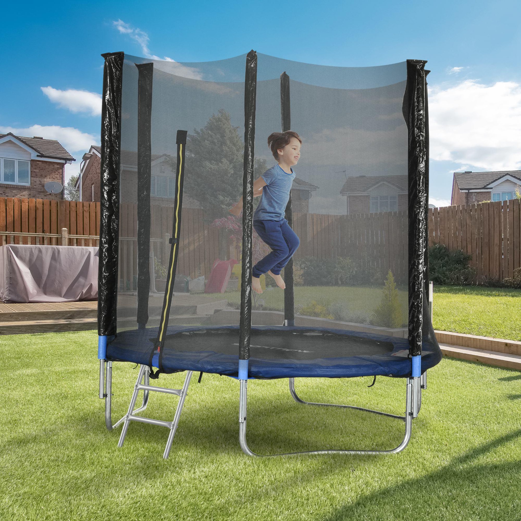 Voir la diapositive 2 : HOMCOM Trampoline d'extérieur Ø 180 cm avec filet de sécurité, poteaux rembourrés et échelle