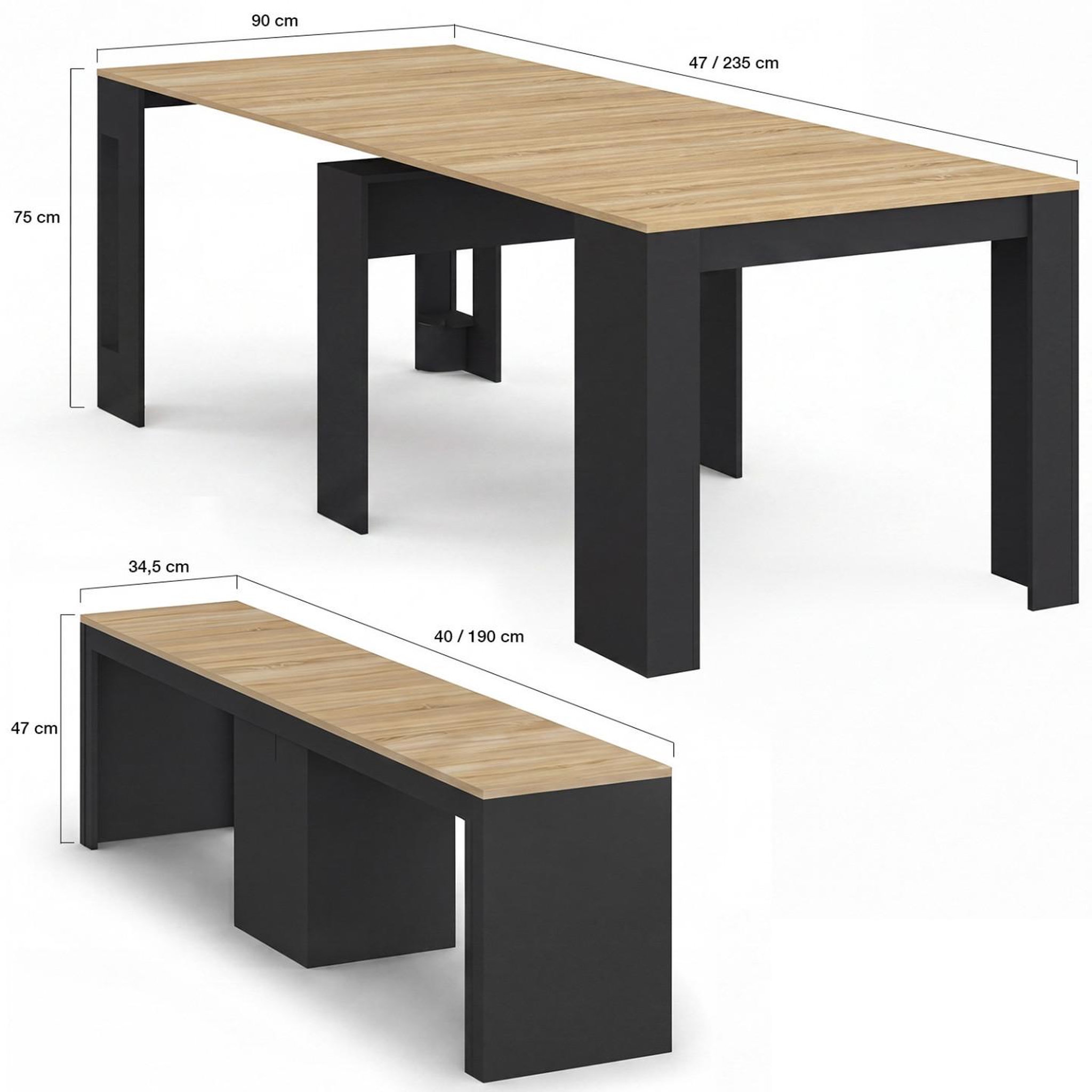 Voir la diapositive 5 : ID MARKET Ensemble table console avec bancs extensibles ORLANDO 10 personnes 235 cm bois noir et façon hêtre