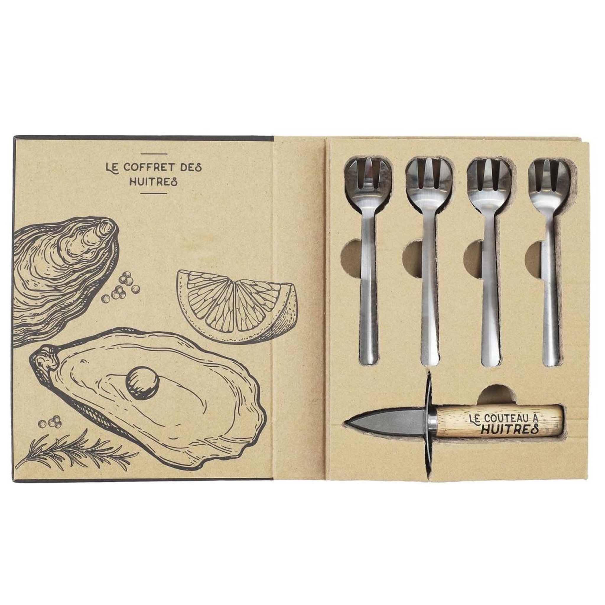 Voir la diapositive 3 : COOK CONCEPT Coffret huîtres  couteau & 4 fourchettes  14cm naturel