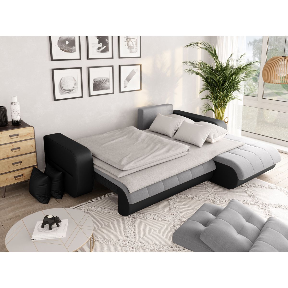 Canapé d'angle droit convertible CLELIA, 4 places, tissu microfibre gris PU blanc ou noir