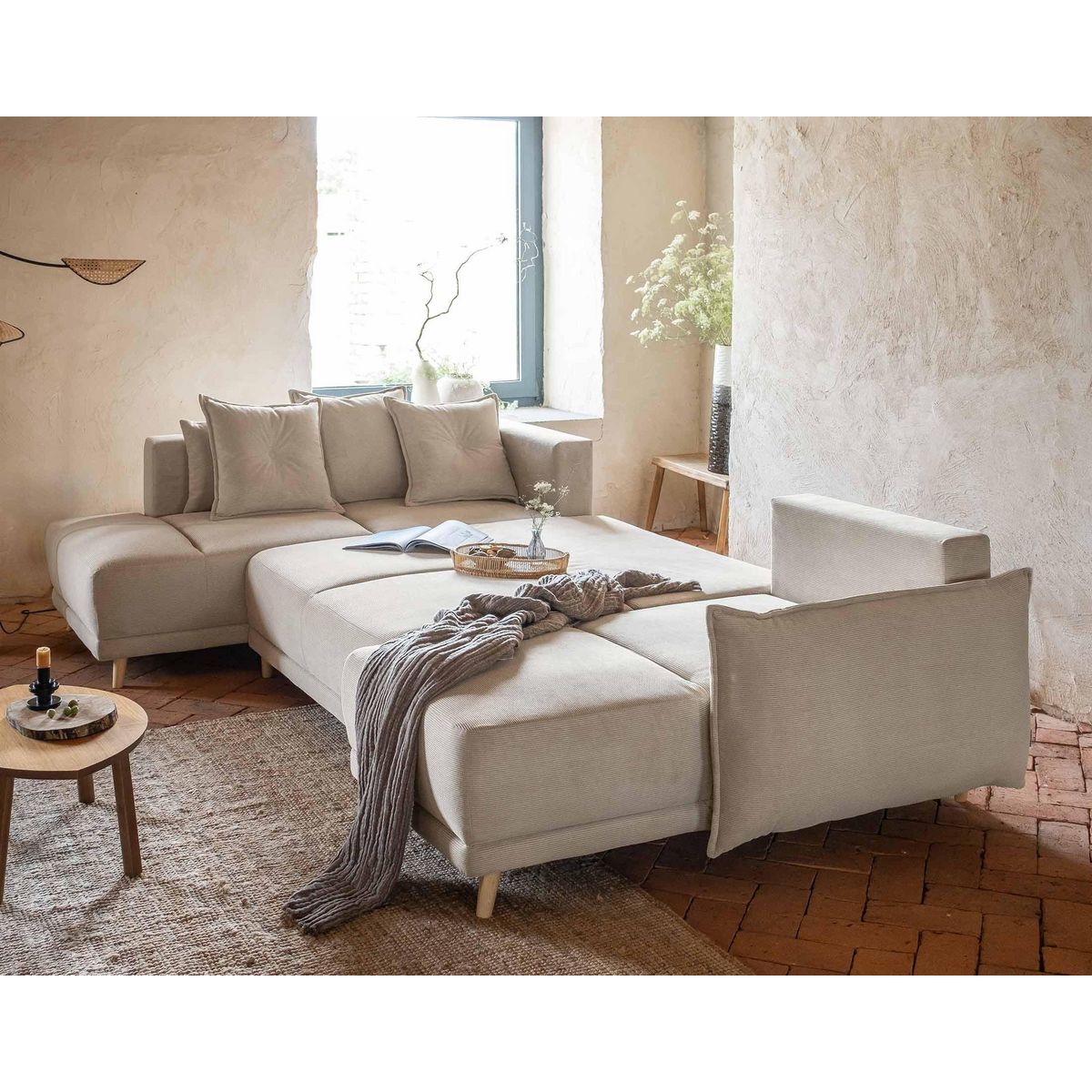 BEST MOBILIER Lena - canapé panoramique d'angle gauche 7 places - convertible avec coffre - en velours côtelé