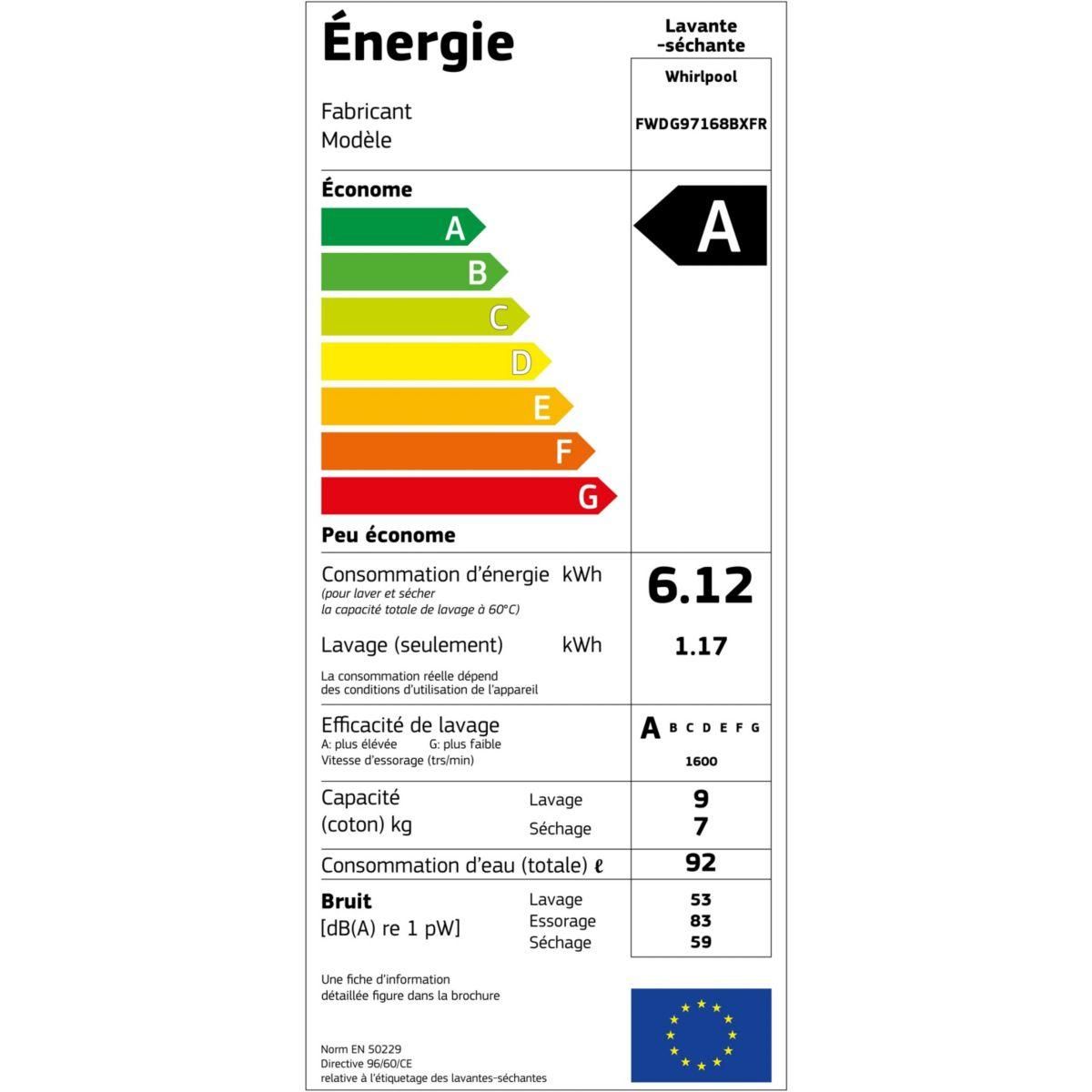 Whirlpool Lave linge séchant hublot FWDG97168BXFR