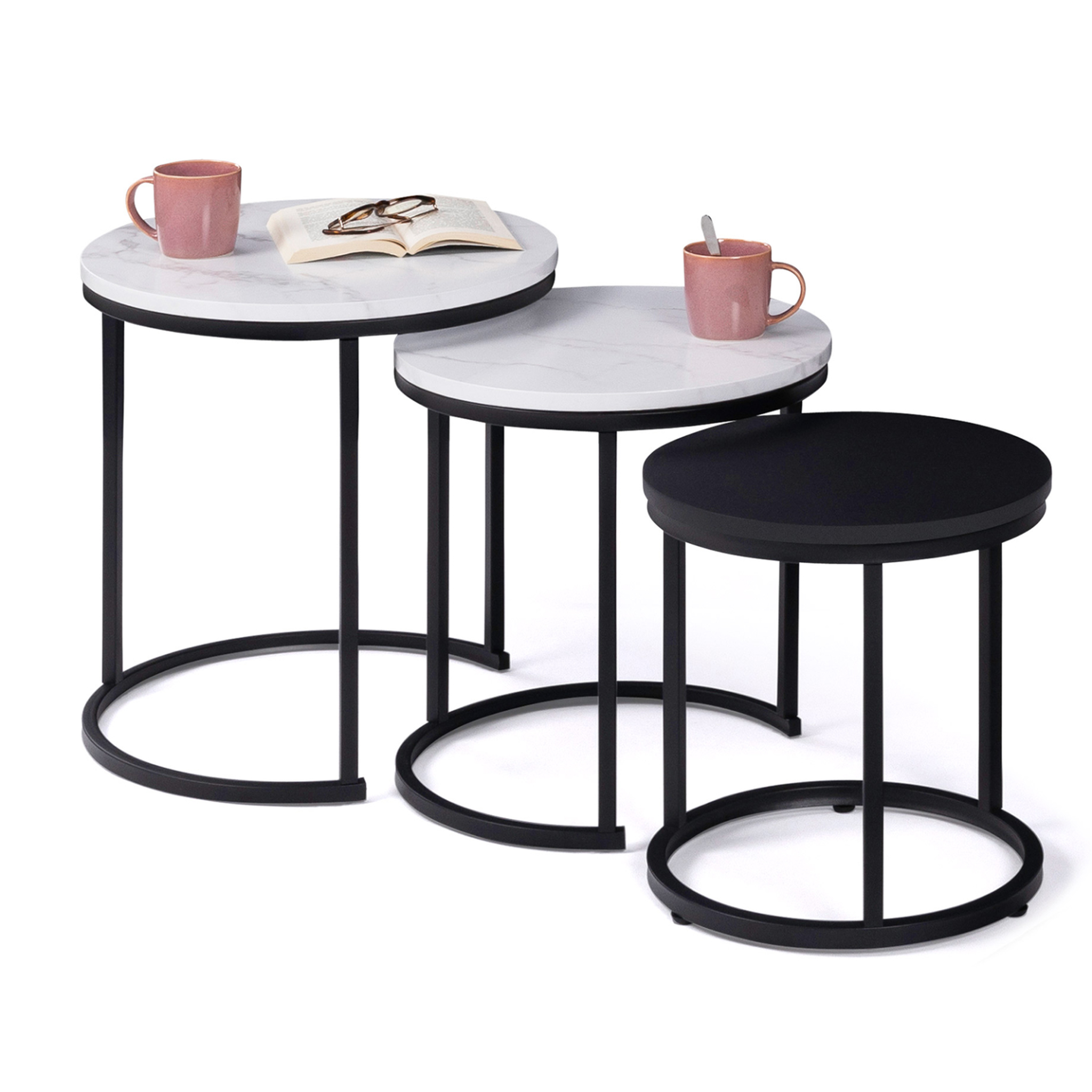 ID MARKET Lot de 3 tables basses gigognes alaska rondes 35/40/45 effet marbre et noir pieds métal
