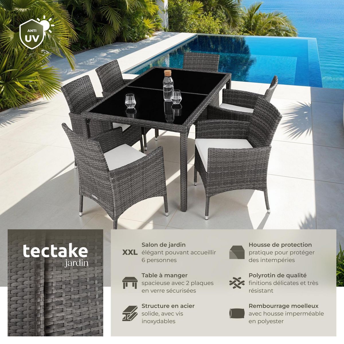 tectake Salon de jardin pour 6 personnes gris/blanc