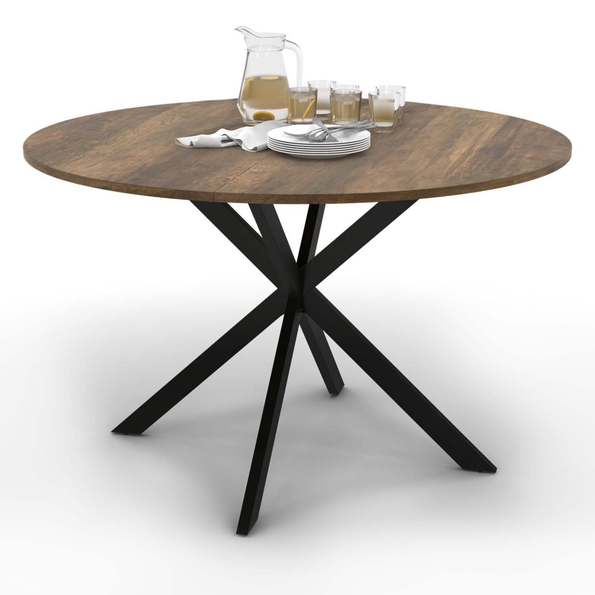 ID MARKET Table à manger ronde alix 6 personnes pied araignée noir et plateau bois foncé hawkins 110 cm