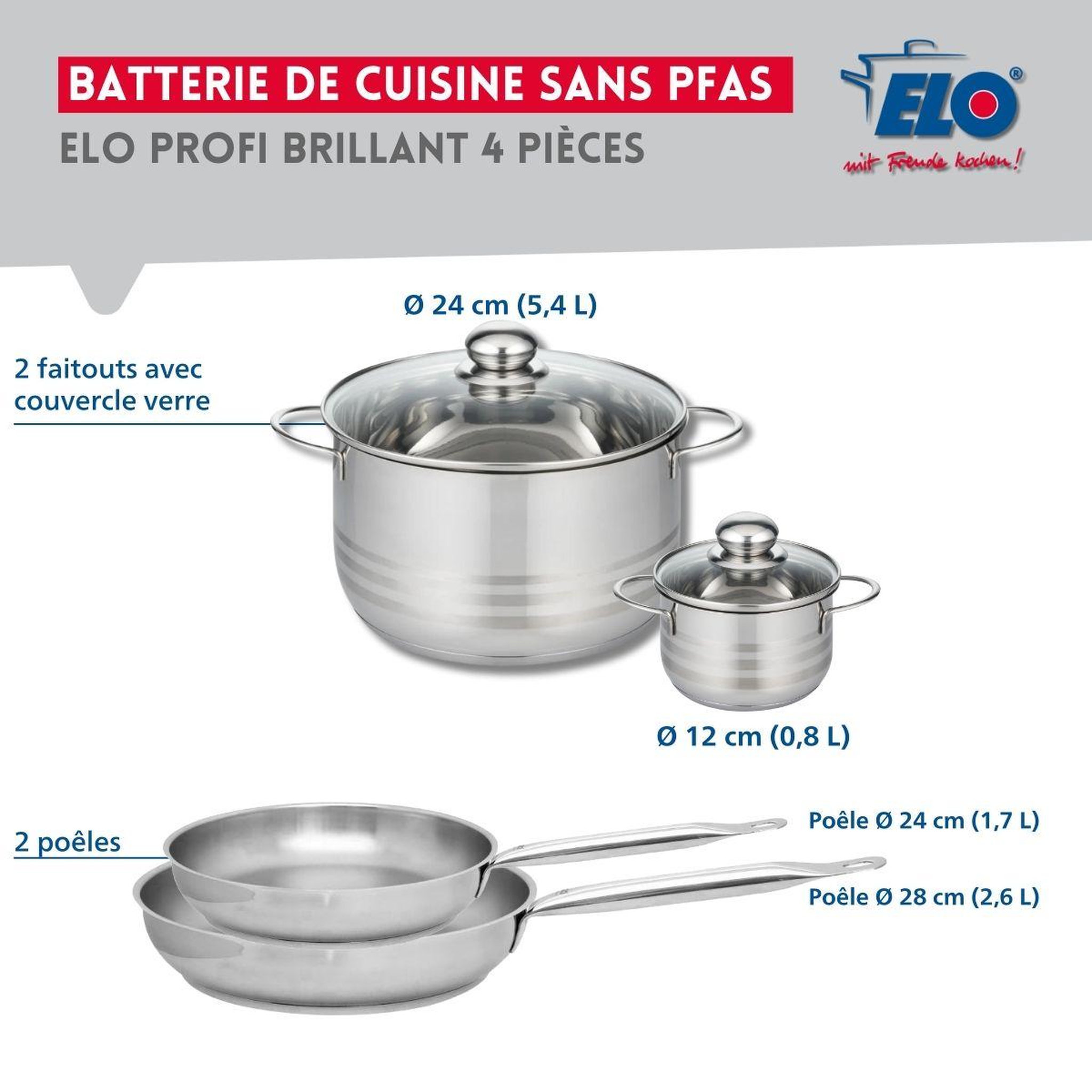 Voir la diapositive 2 : ELO Ensemble de 2 poêles de cuisson 24 et 28 cm et 2 faitouts 12 et 24 cm elo profi brillant
