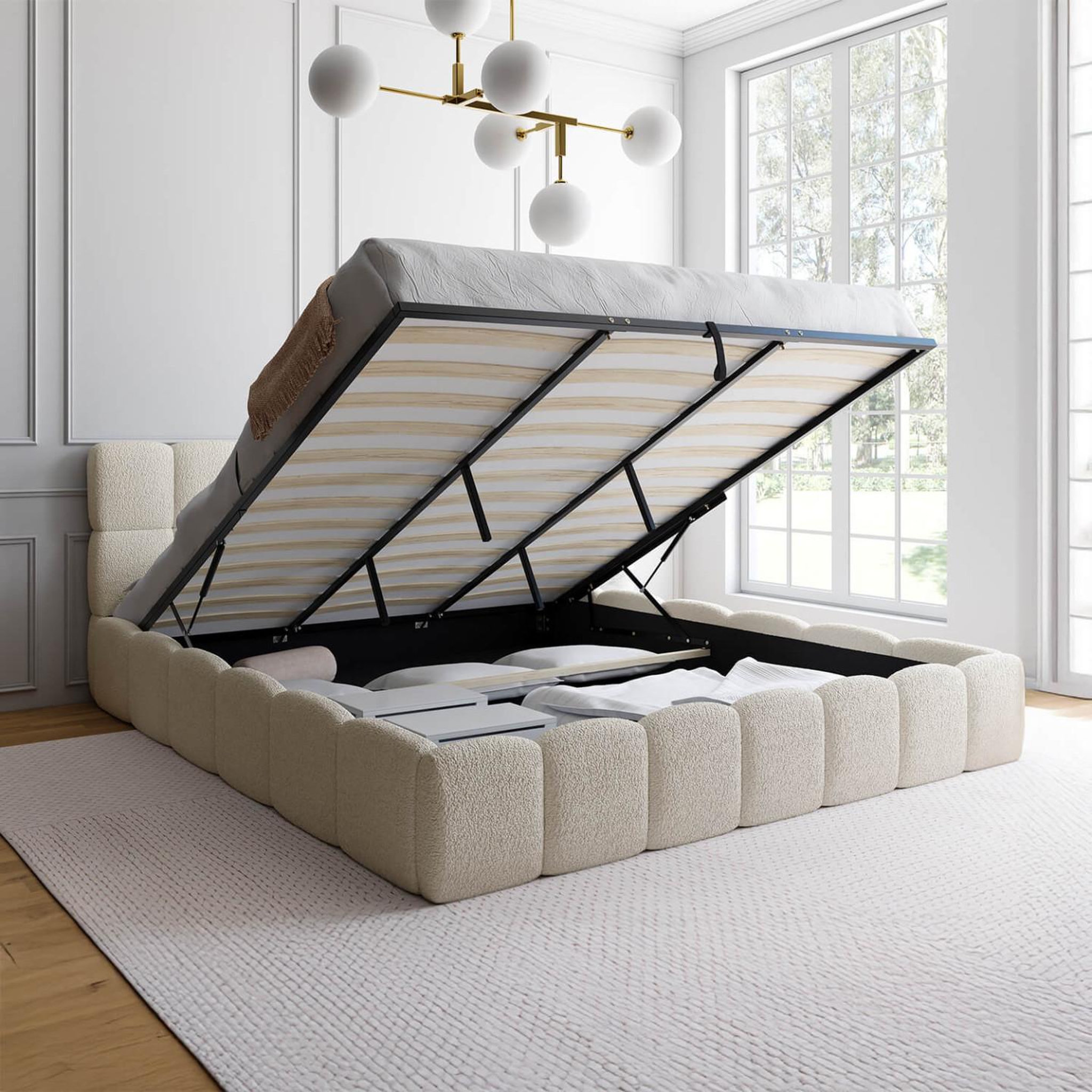 Voir la diapositive 2 : ID MARKET Lit coffre double nuage avec tête de lit matelassée et sommier 180 x 200 cm bouclette blanc