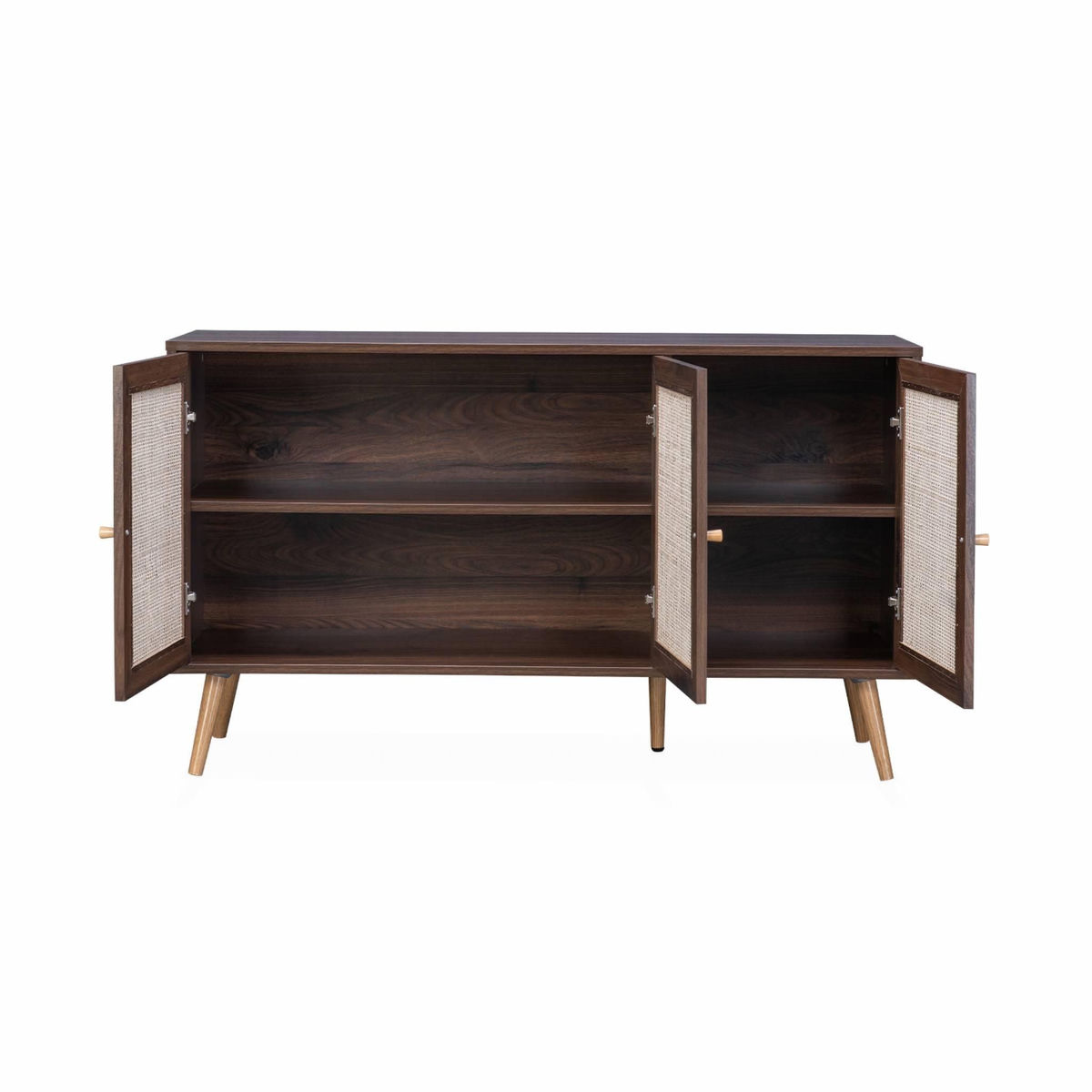 SWEEEK Buffet de rangement en cannage 120x39x70cm  - Bohème - 2 niveaux. 3 portes. pieds scandinaves. buffet bas