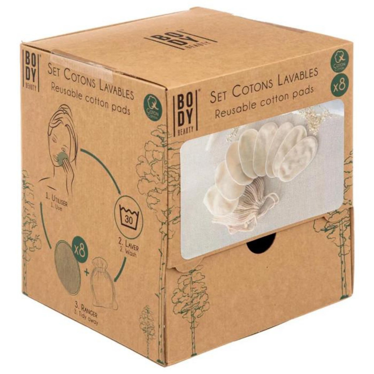 Body beauty Lot de 8 Cotons Démaquillants  Lavable  13cm Naturel