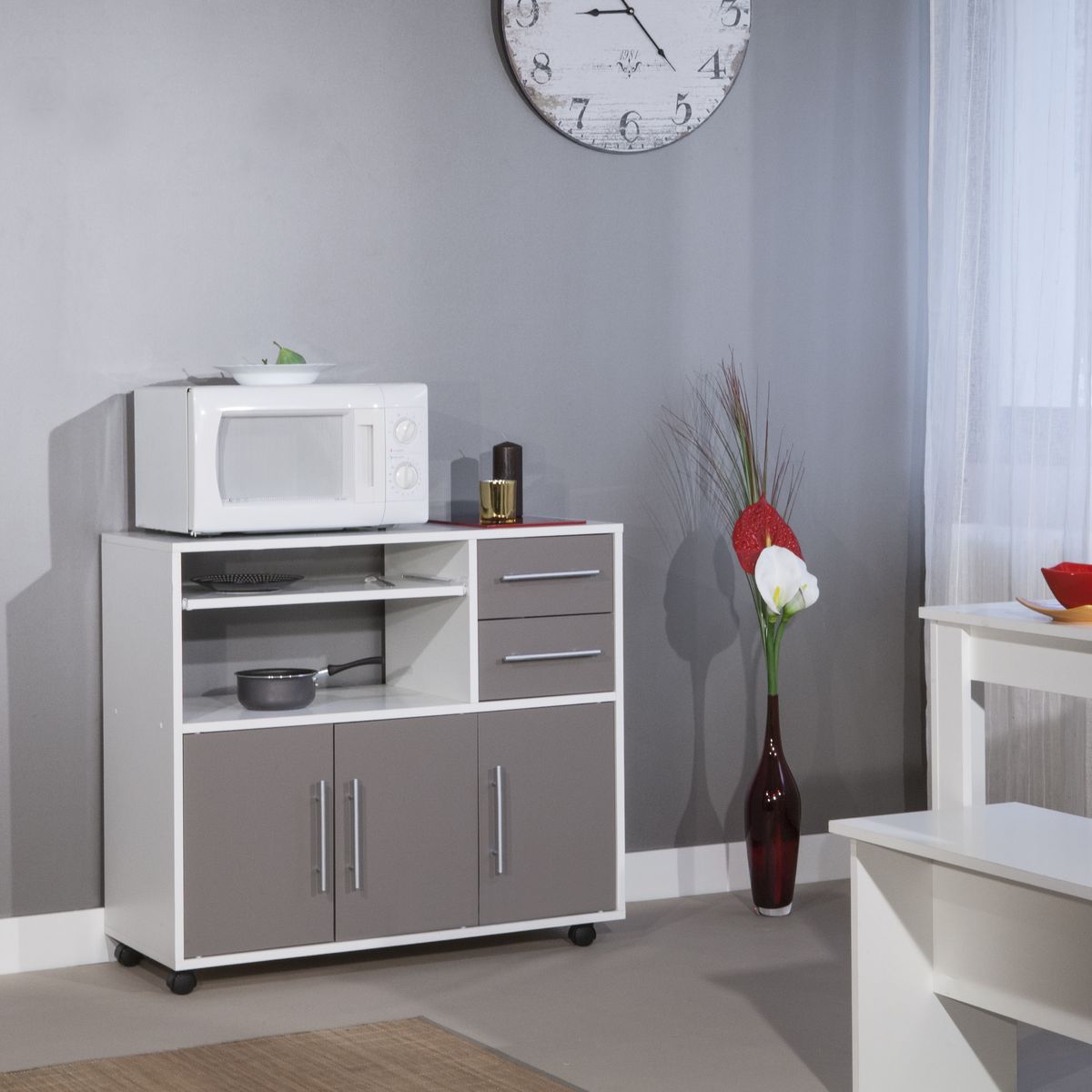 Desserte micro-ondes 3 portes 2 tiroir 1 tablette coulissante PRACTICA