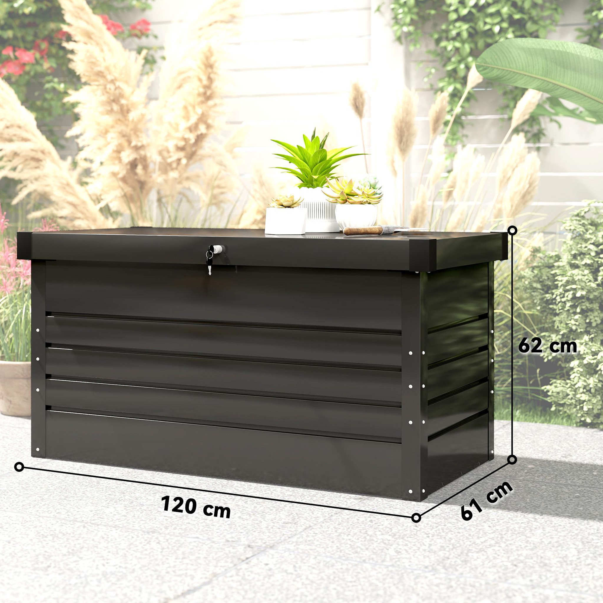 Voir la diapositive 3 : OUTSUNNY Coffre de jardin acier double couche thermolaqué 450L vérins gaz gris